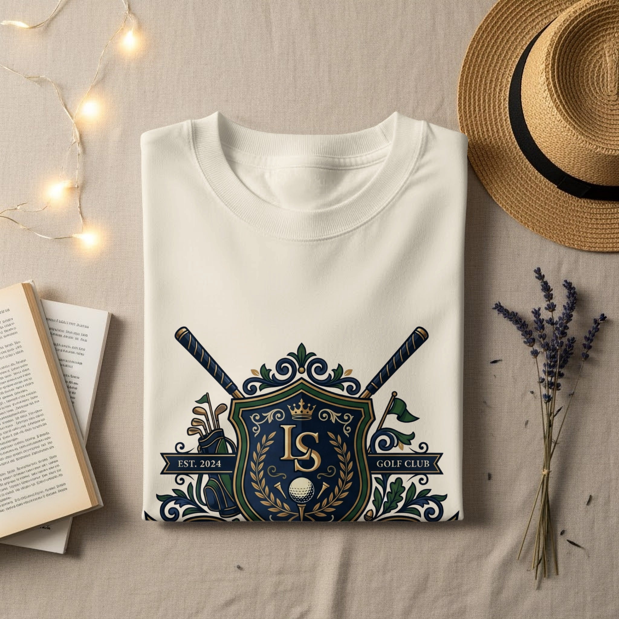 White t-shirt with a crest featuring golf clubs, a ball, and "IS GOLF CLUB EST. 2024".