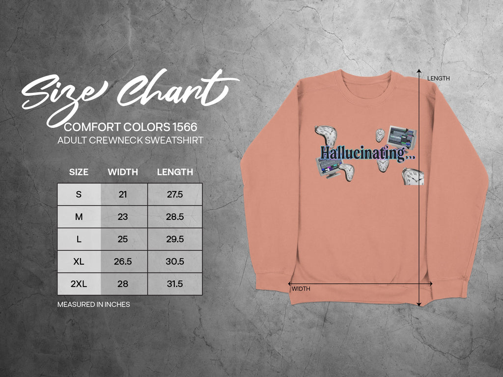 Size chart for Comfort Colors 1566 adult crewneck sweatshirt with measurements.