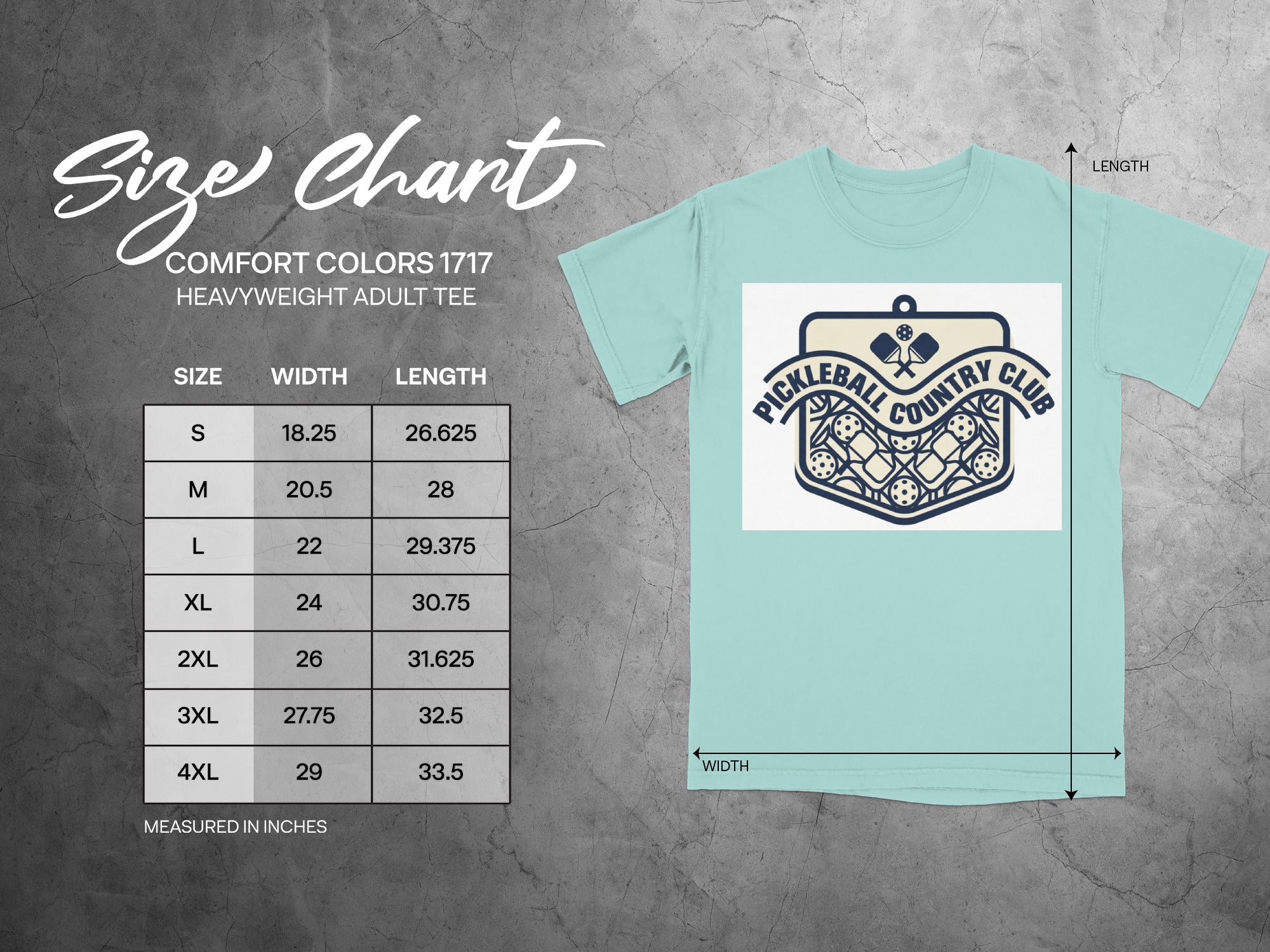 Size chart for Comfort Colors 1717 heavyweight adult tee with pickleball country graphic.