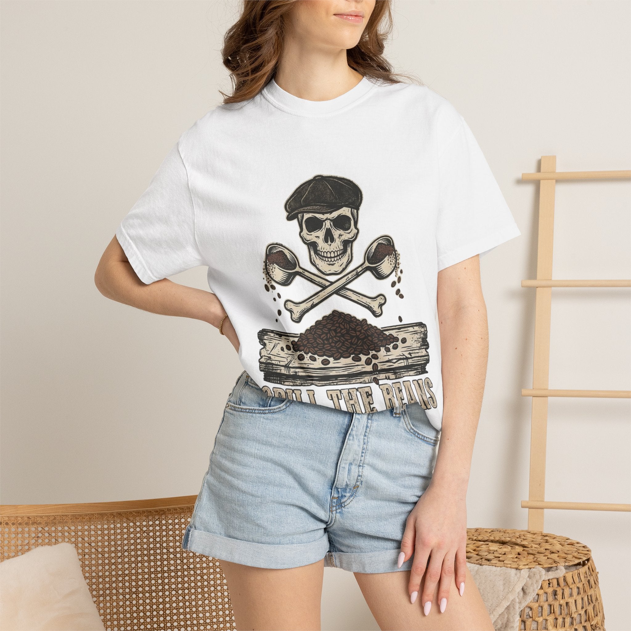 Skull & Spoons Coffee T-Shirt — "Spill the Beans" Vintage Café Tee