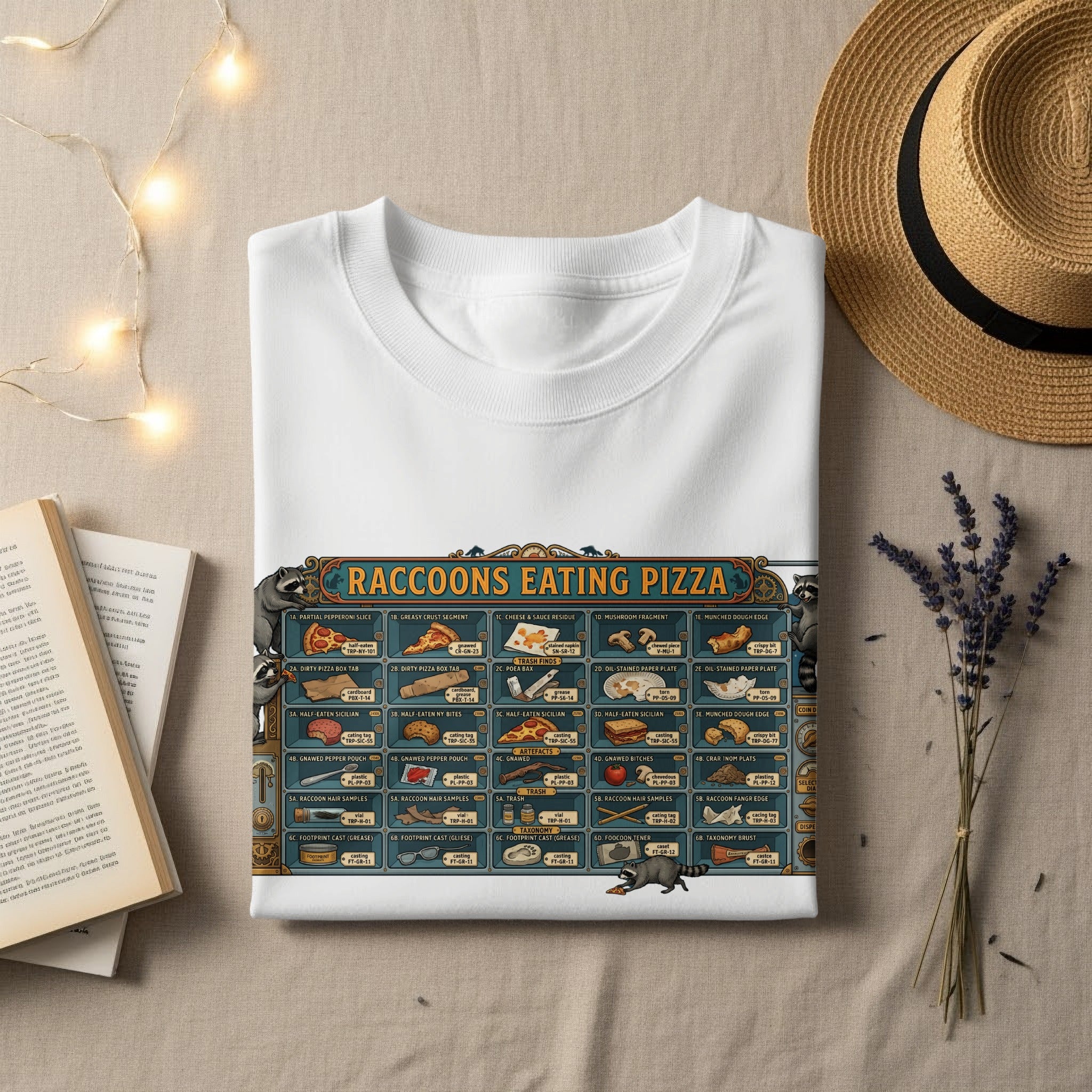 T-shirt graphic of raccoons eating pizza with detailed food and trash item labels.
