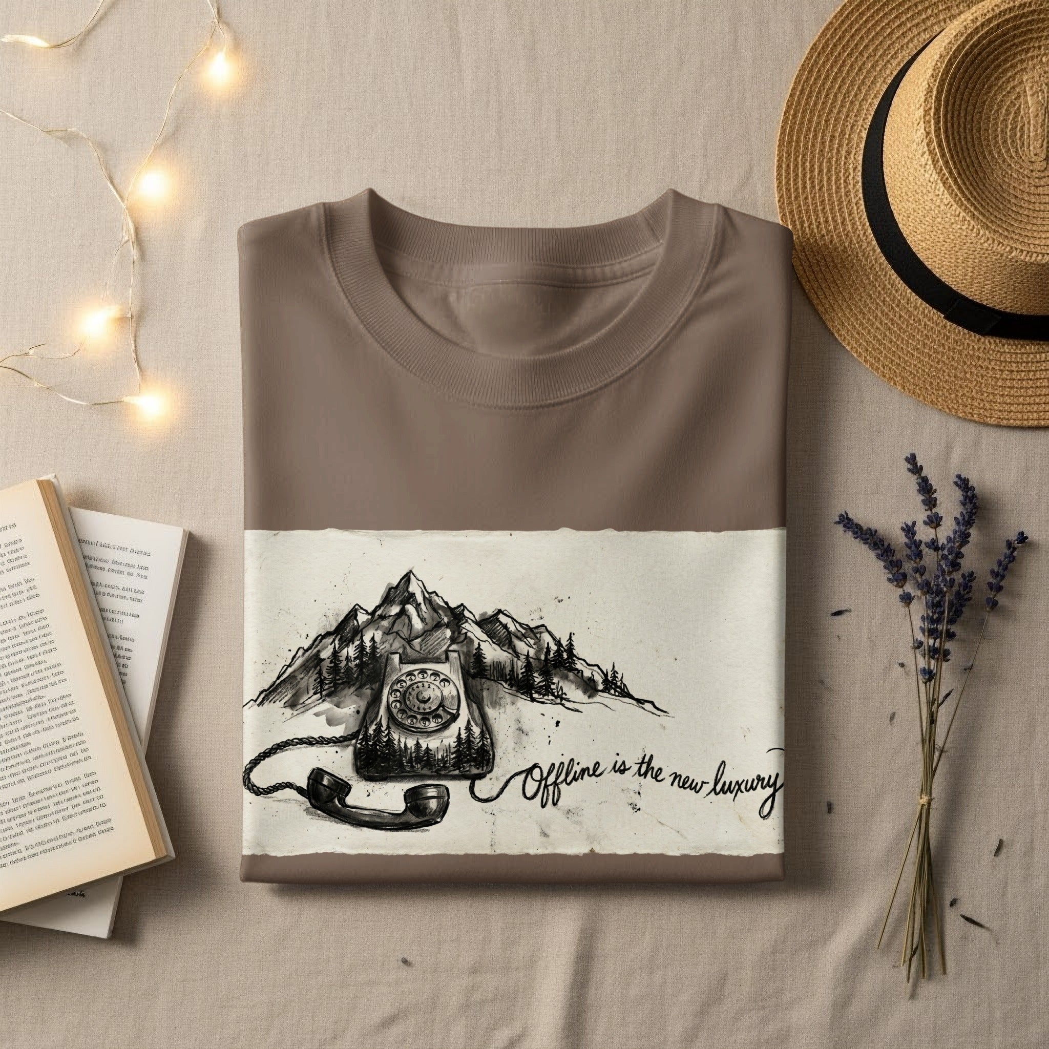 Brown t-shirt with a phone and mountains graphic, reads "Offline is the new luxury."