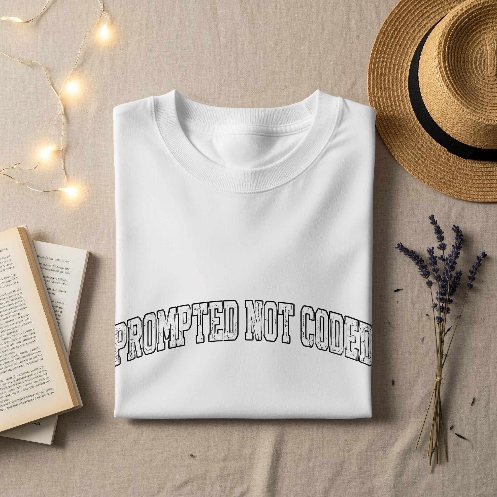 White sweatshirt with "PROMPTED NOT CODER" text, straw hat, and book.