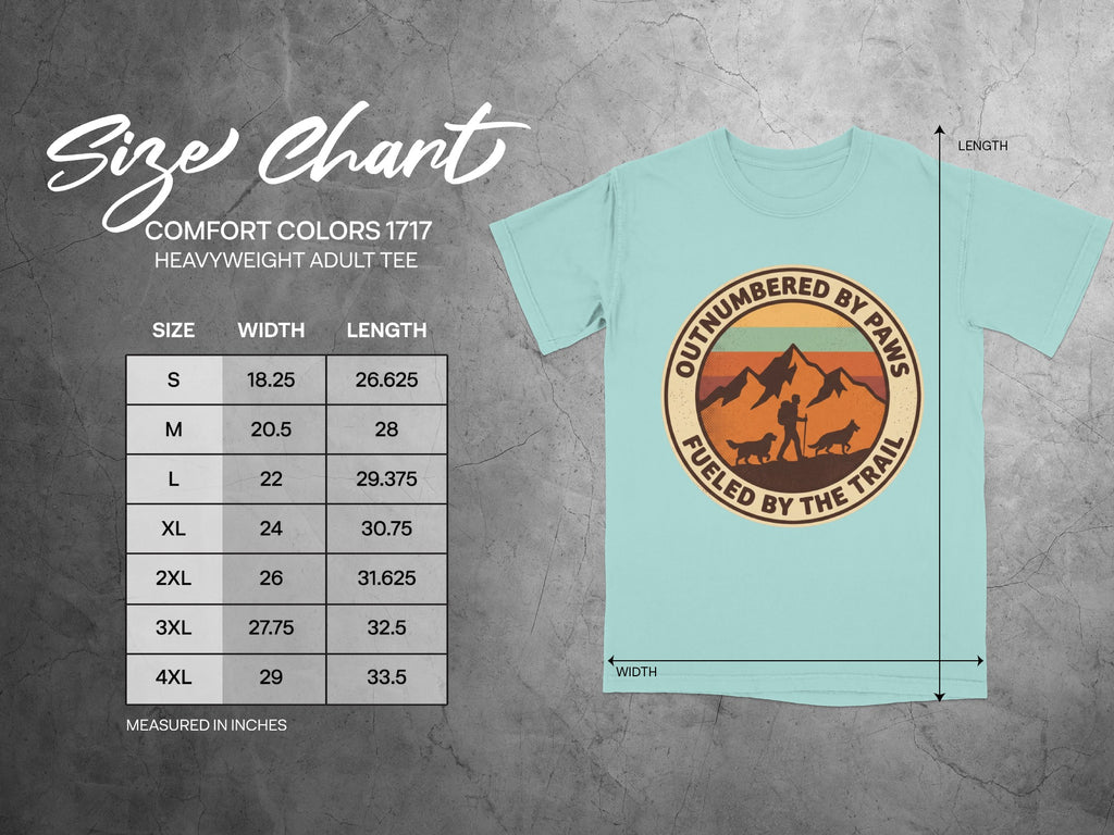 Comfort Colors 1717 size chart for heavyweight adult tee with measurements.