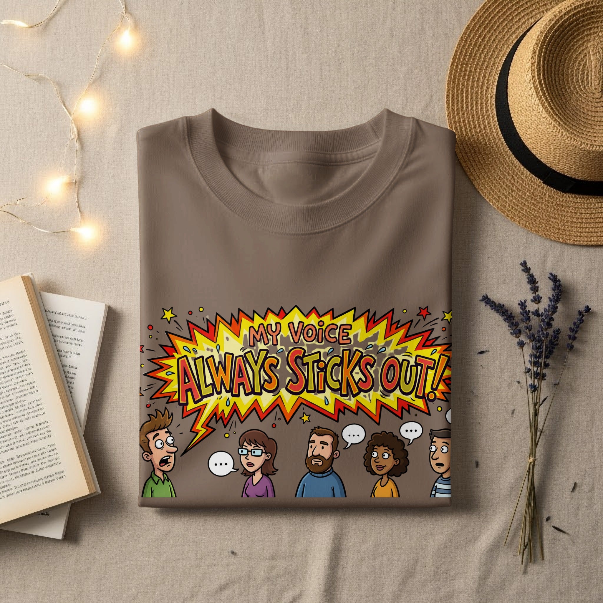 Brown t-shirt with "MY VOICE ALWAYS STICKS OUT!" text and cartoon figures.