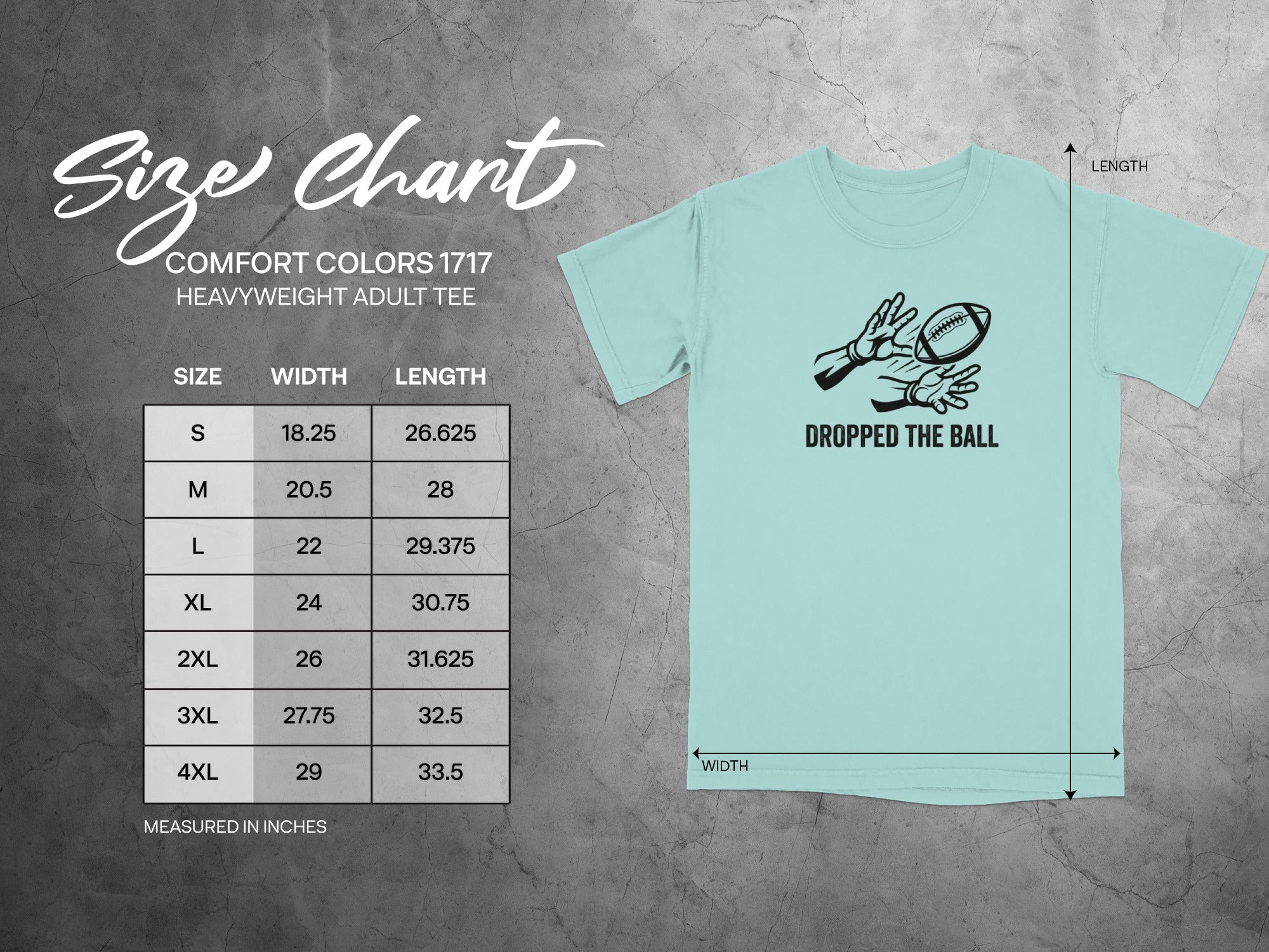 Size chart for Comfort Colors 1717 heavyweight adult tee with measurements.