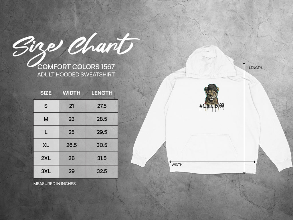 Comfort Colors 1567 adult hooded sweatshirt size chart with measurements.