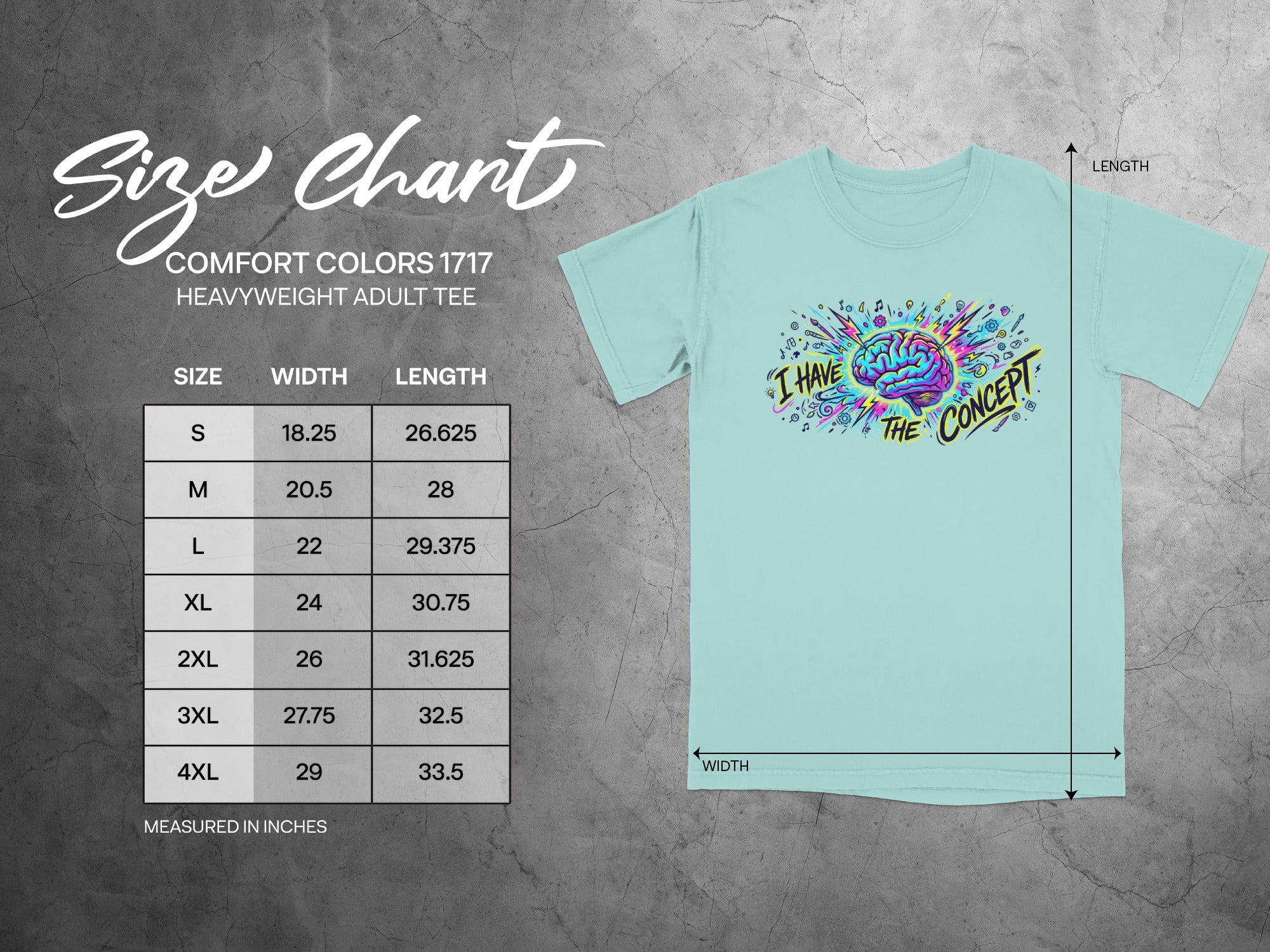 Comfort Colors 1717 heavyweight adult tee size chart.