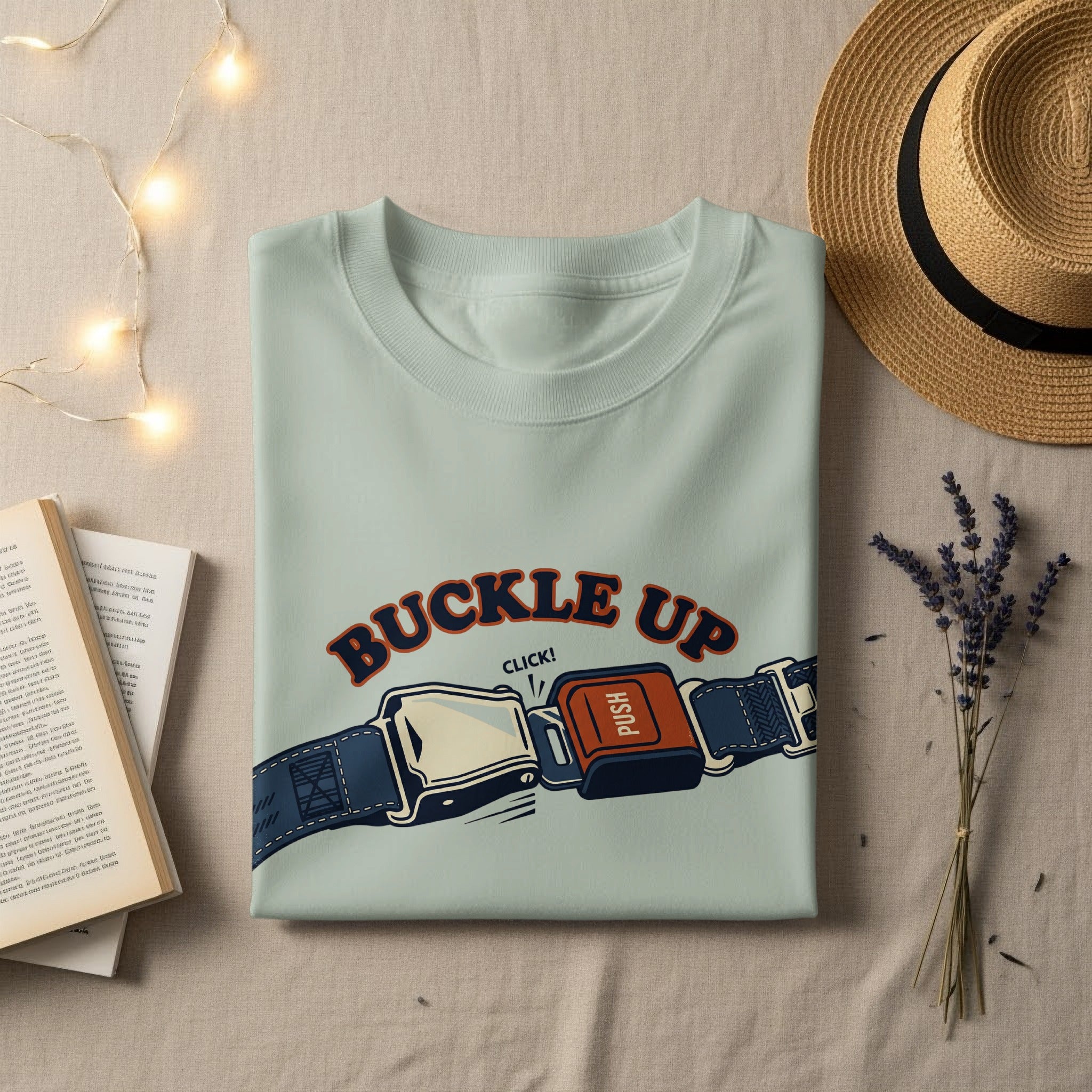 Light blue t-shirt with "BUCKLE UP" text and seatbelt graphic.