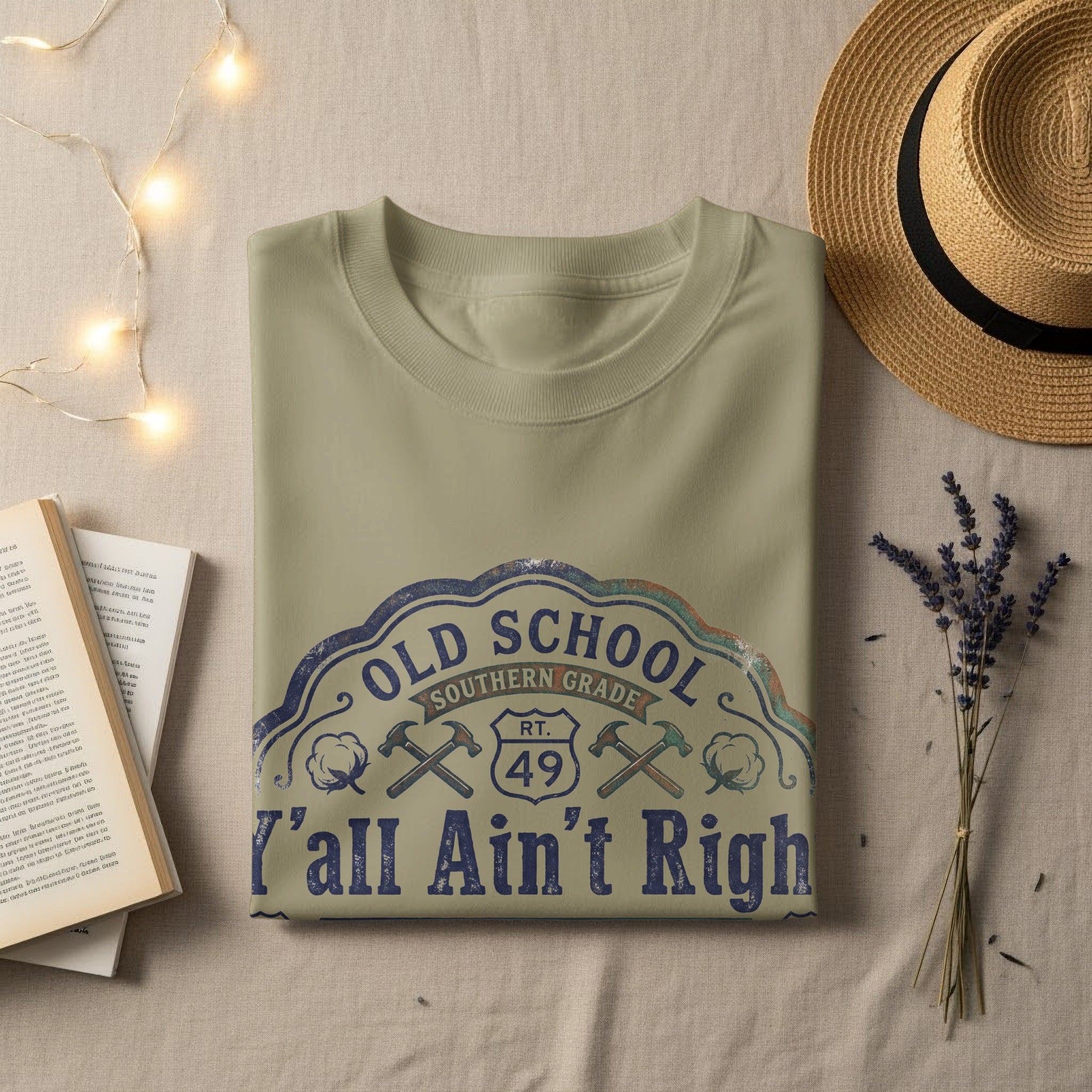 T-shirt with "Old School Southern Grade Y'all Ain't Right" and crossed hammers graphic.