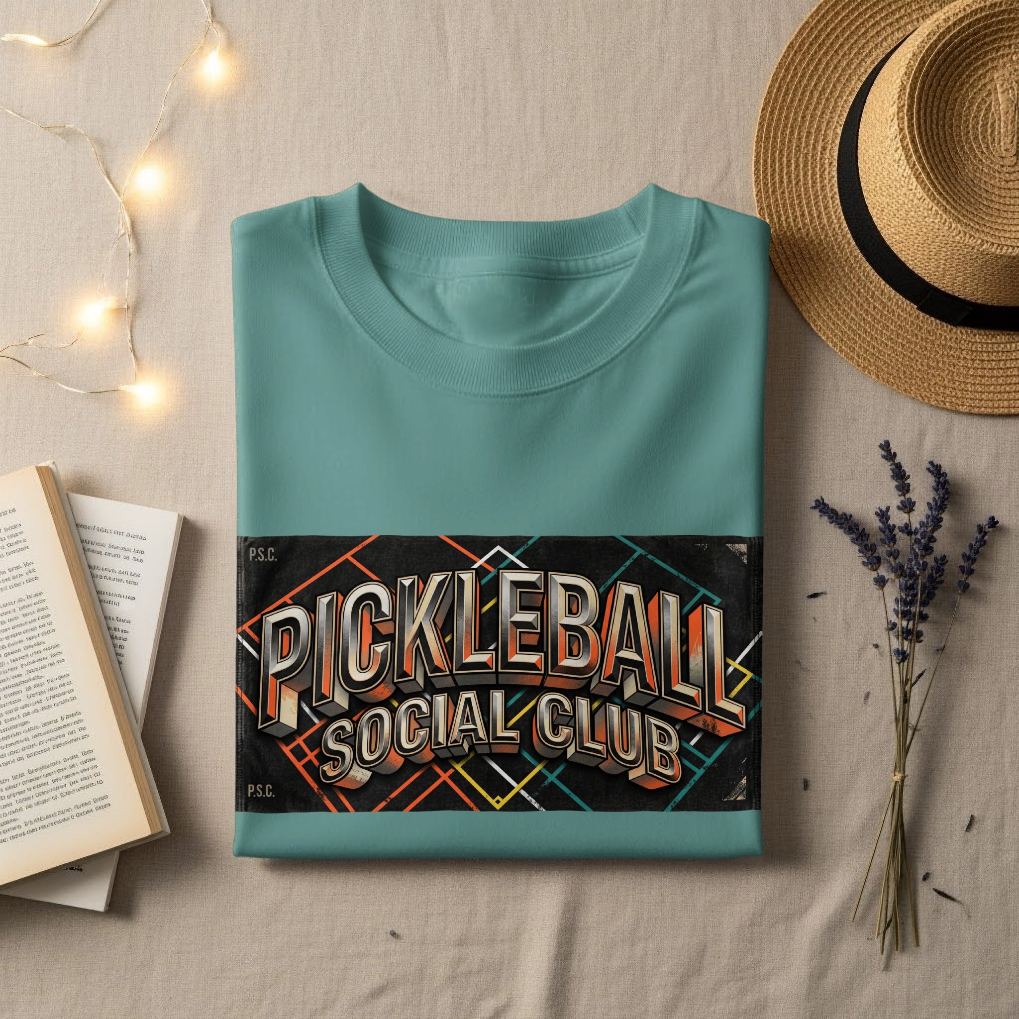 Teal t-shirt with "Pickleball Social Club" text and geometric pattern.