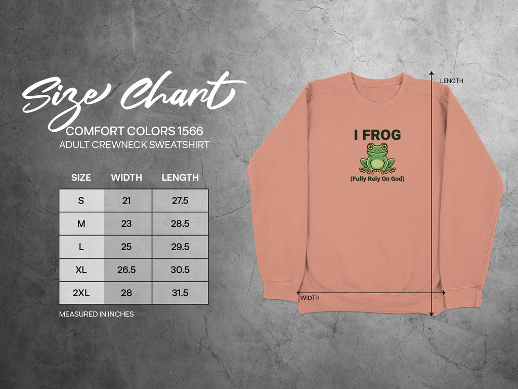 Comfort Colors adult crewneck sweatshirt size chart with measurements.