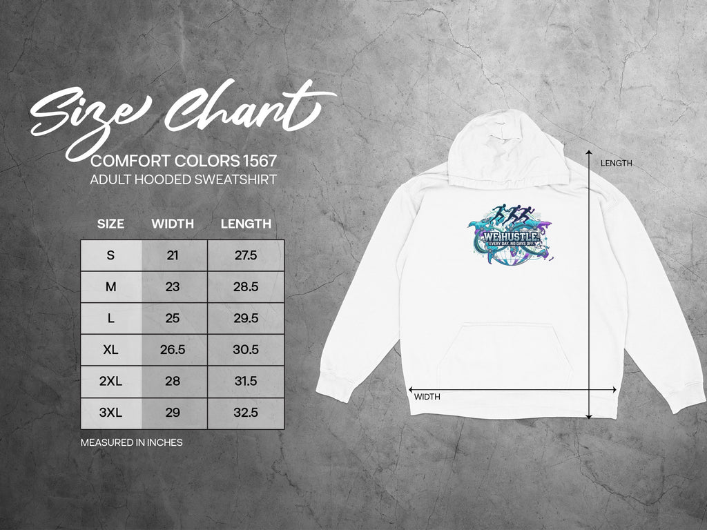 Comfort Colors 1567 adult hooded sweatshirt size chart with measurements.