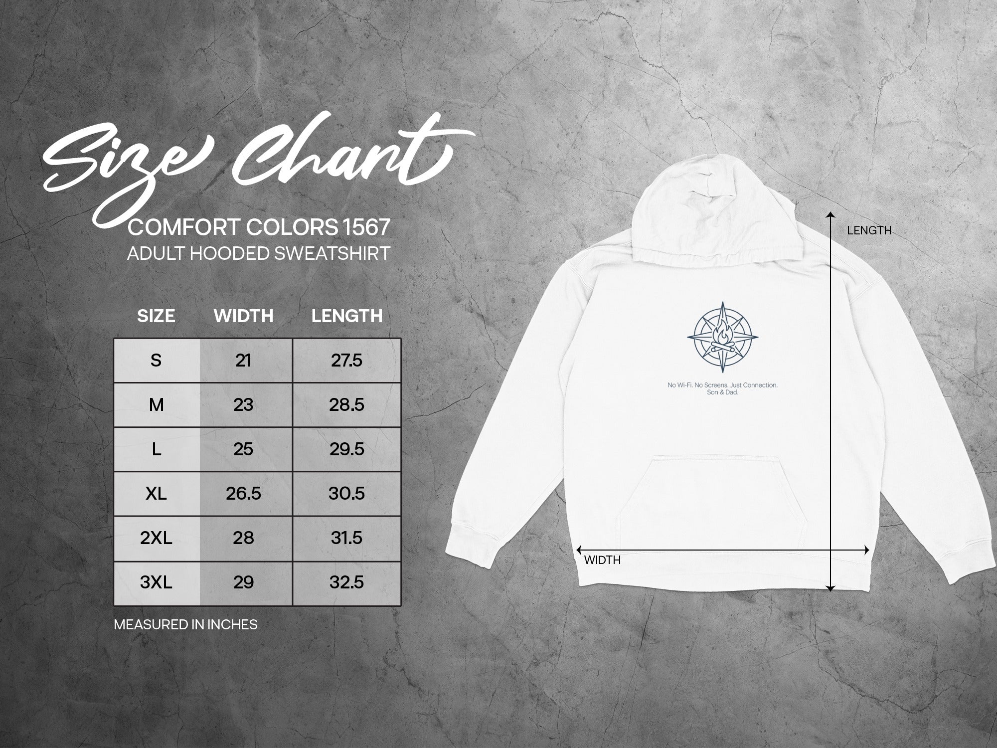 Size chart for Comfort Colors 1567 adult hooded sweatshirt.