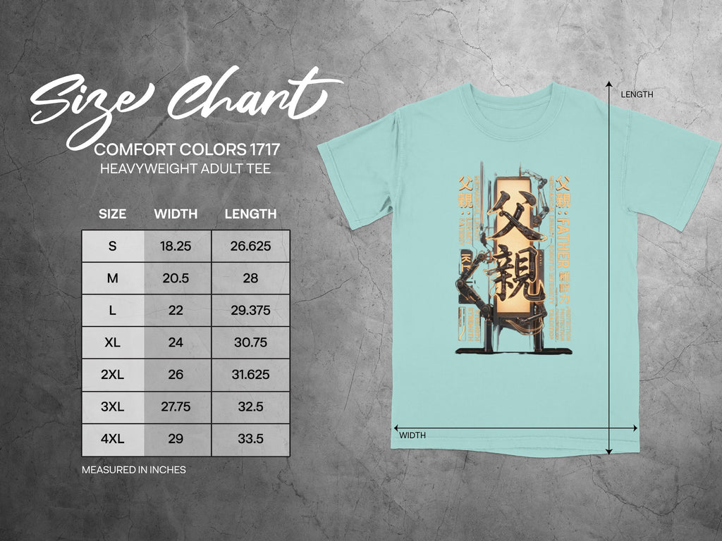 Comfort Colors 1717 size chart for heavyweight adult tee, showing width and length.