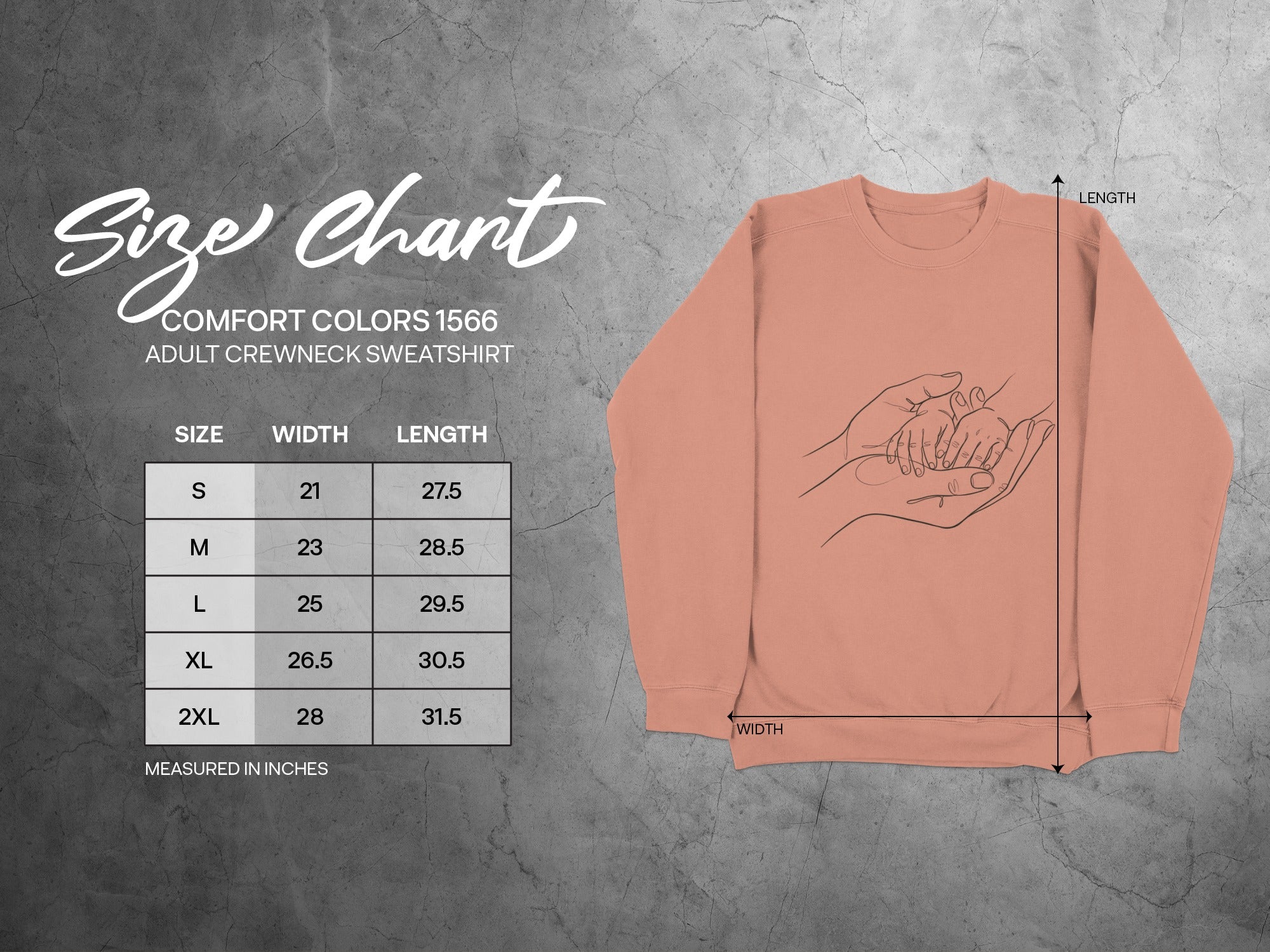 Comfort Colors 1566 adult sweatshirt size chart with width and length measurements.