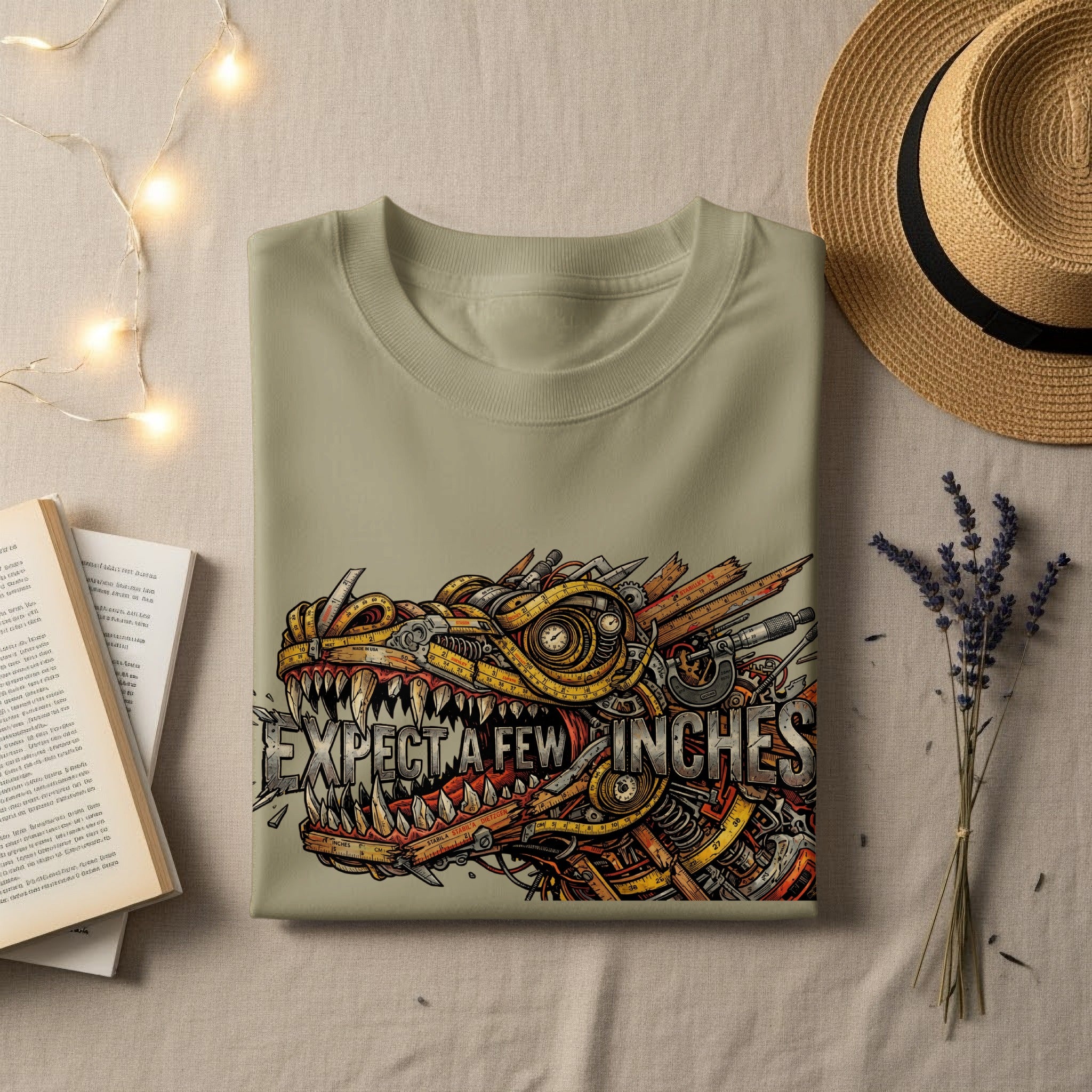 Light green t-shirt with dragon graphic and "EXPECT A FEW INCHES" text.