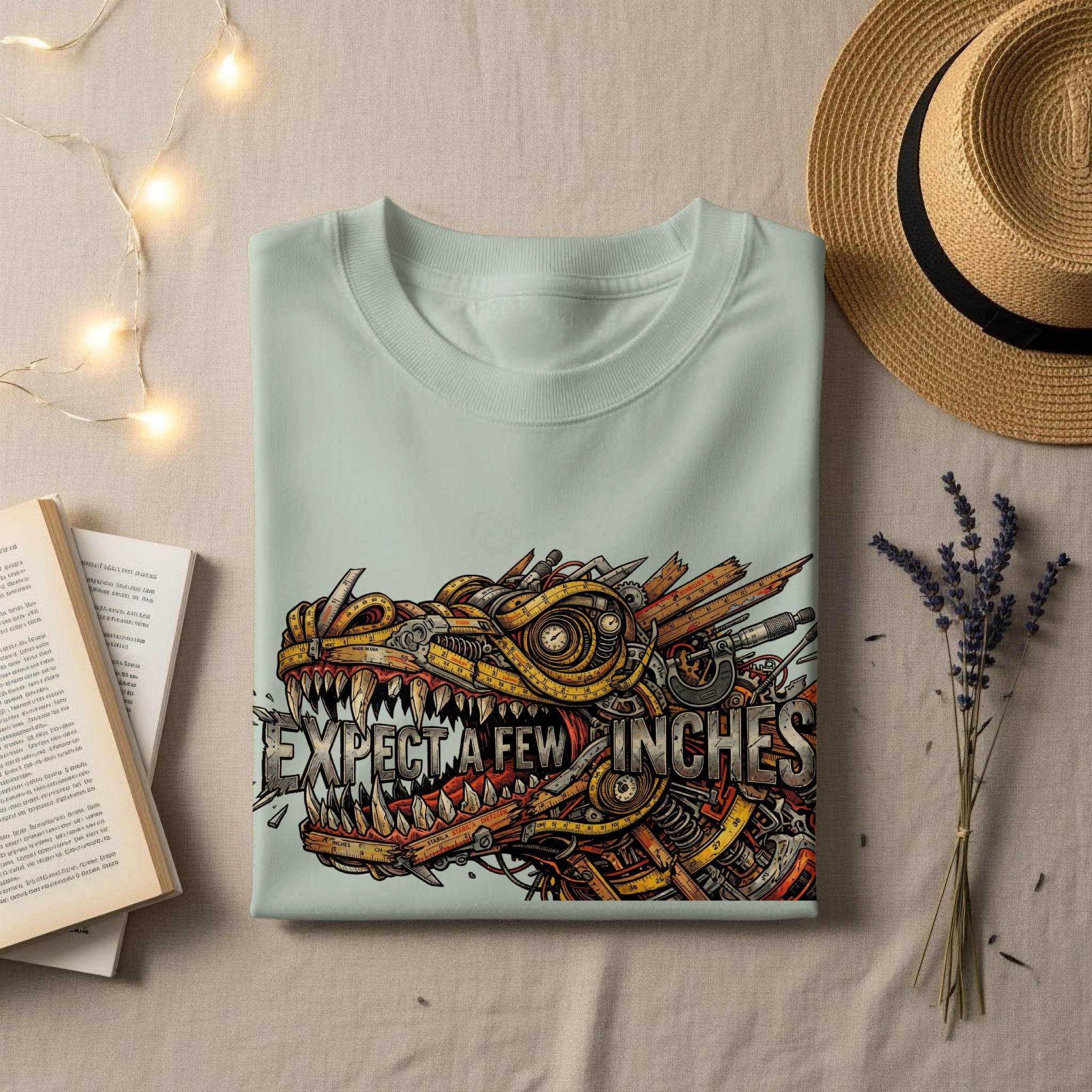 T-shirt with mechanical dragon head graphic and "EXPECT A FEW INCHES" text.