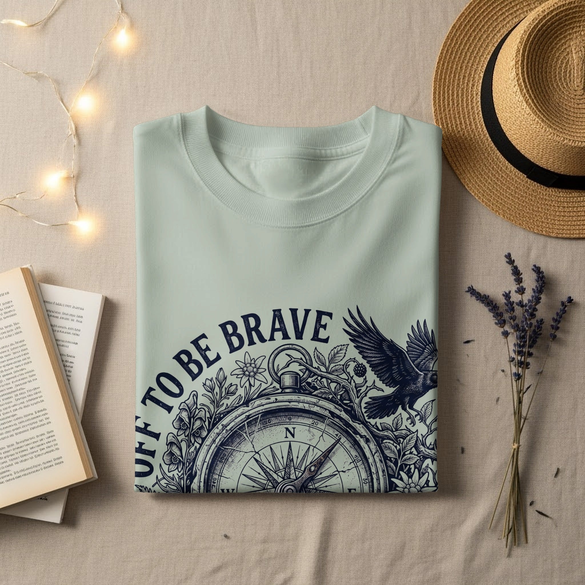 Light green t-shirt with compass and bird graphic and "BE BRAVE" text.