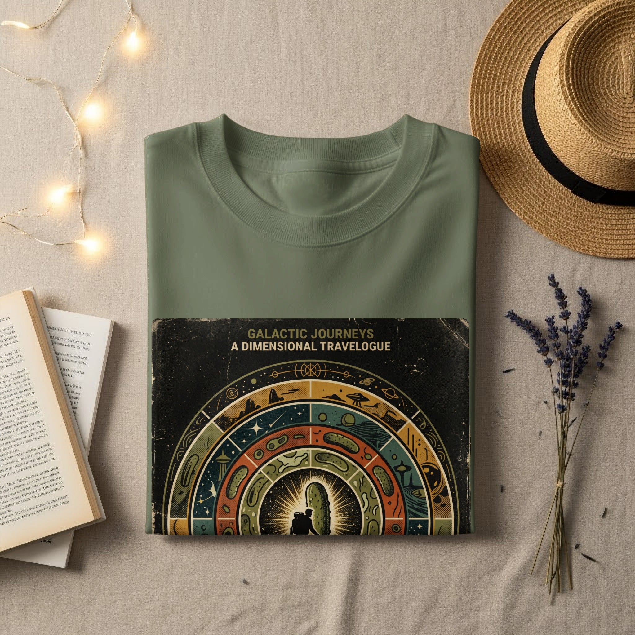 Olive green t-shirt with "Galactic Journeys A Dimensional Travelogue" book.
