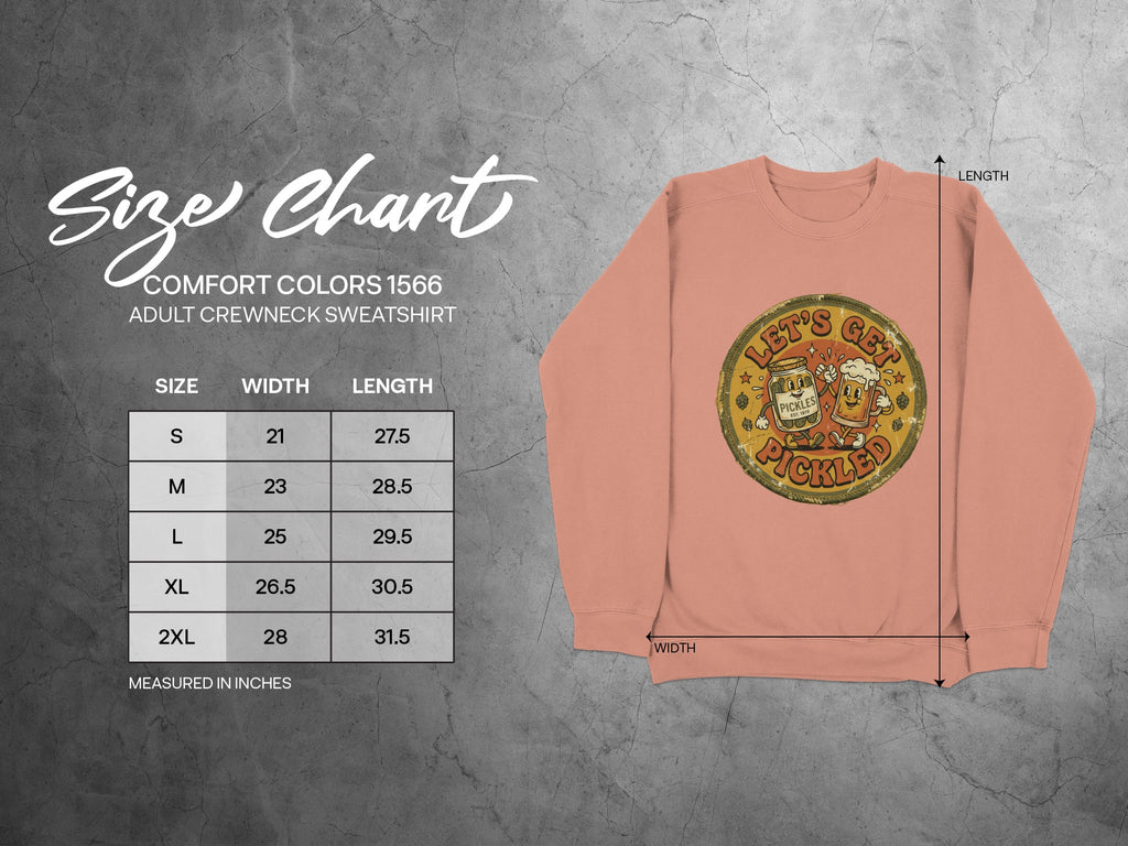Size chart for Comfort Colors 1566 adult crewneck sweatshirt.