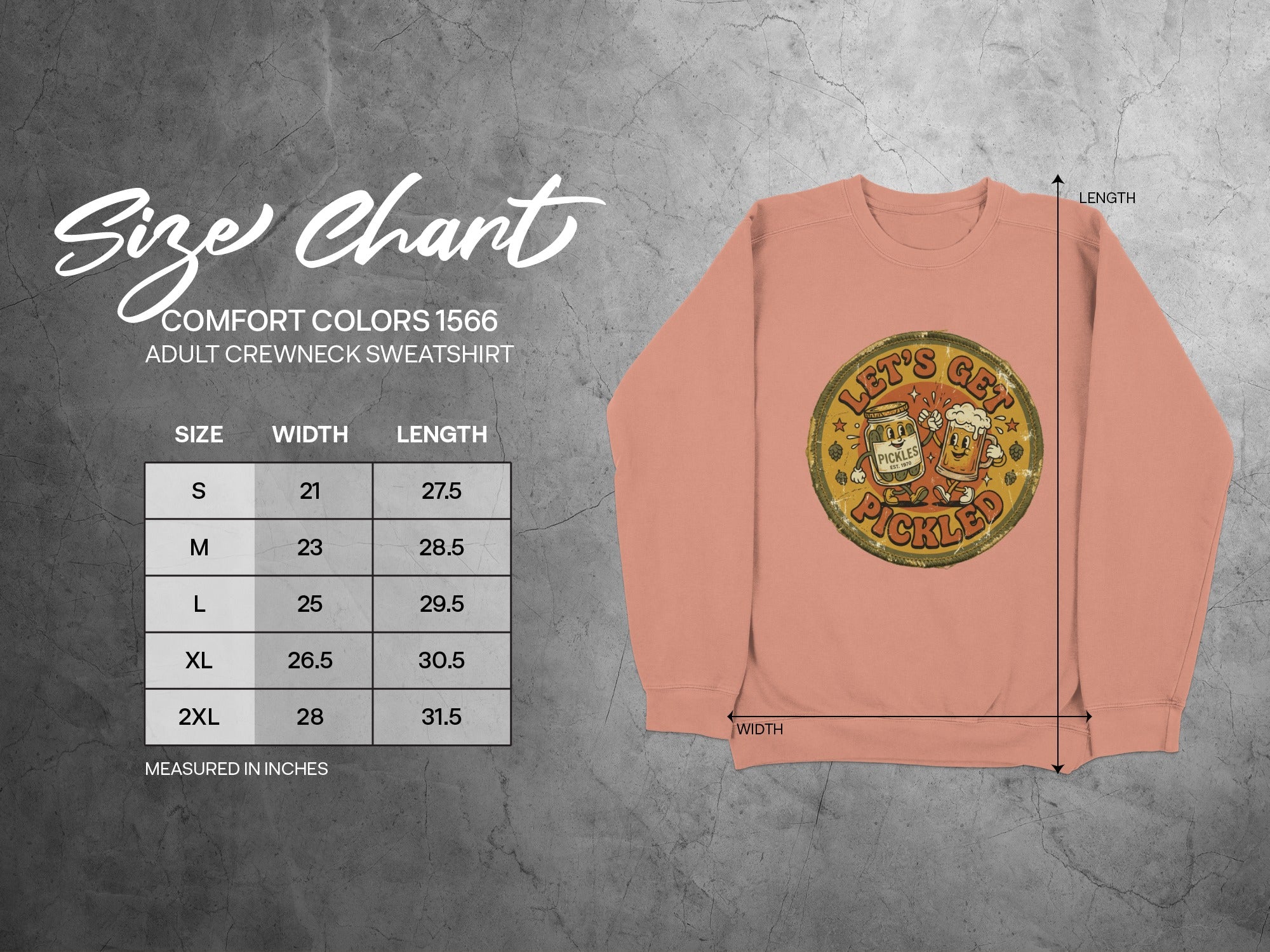 Size chart for Comfort Colors 1566 adult crewneck sweatshirt.