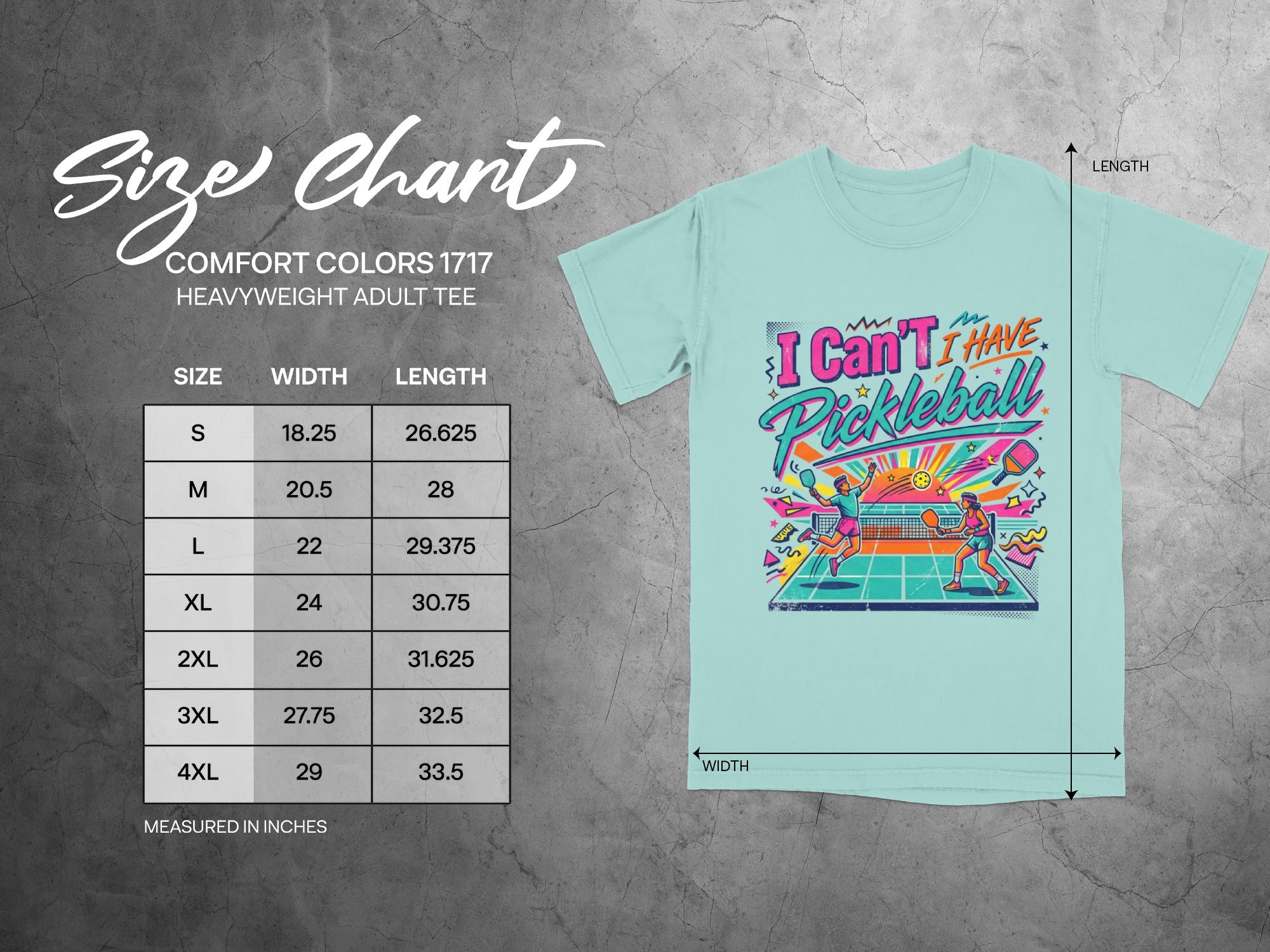 Size chart with pickleball graphic for Comfort Colors 1717 heavyweight adult tee.