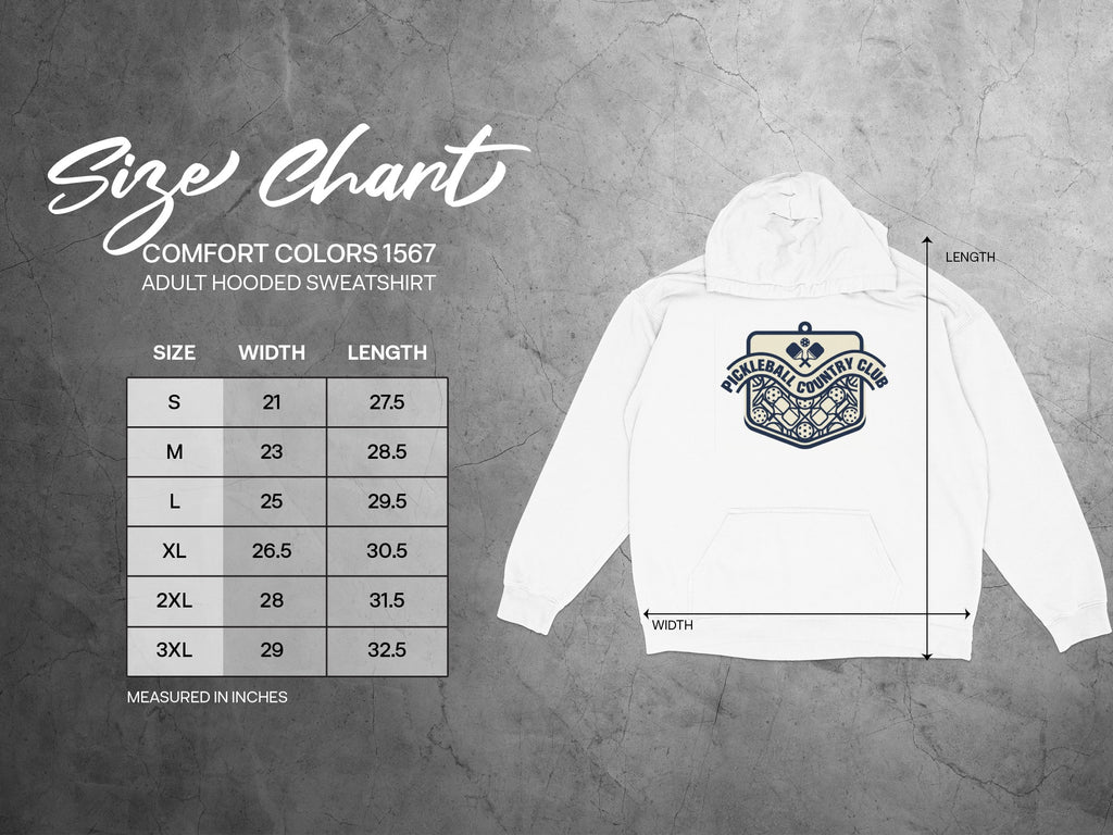 Comfort Colors 1567 size chart for adult hooded sweatshirt, showing width and length.
