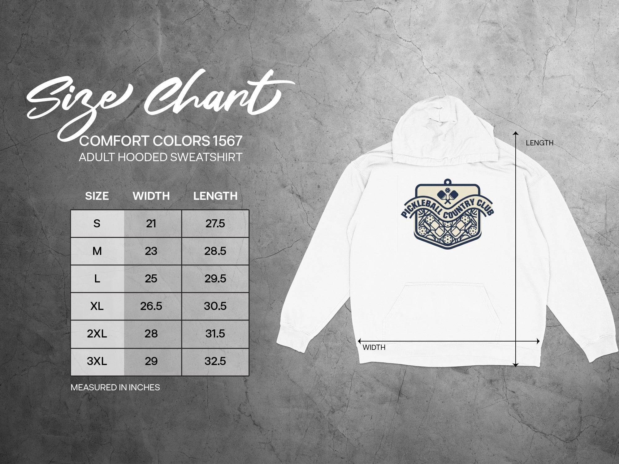 Comfort Colors 1567 size chart for adult hooded sweatshirt, showing width and length.