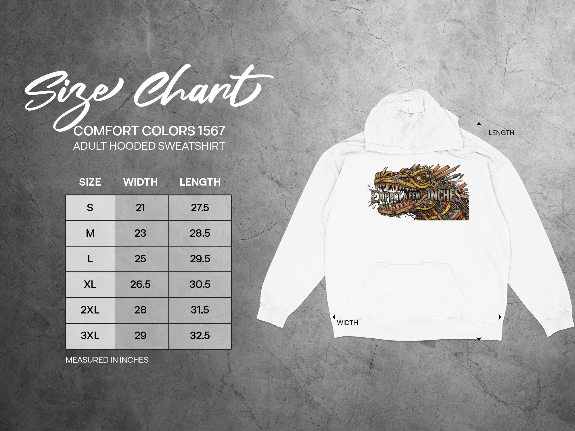 Size chart for Comfort Colors adult hooded sweatshirt with width and length measurements.