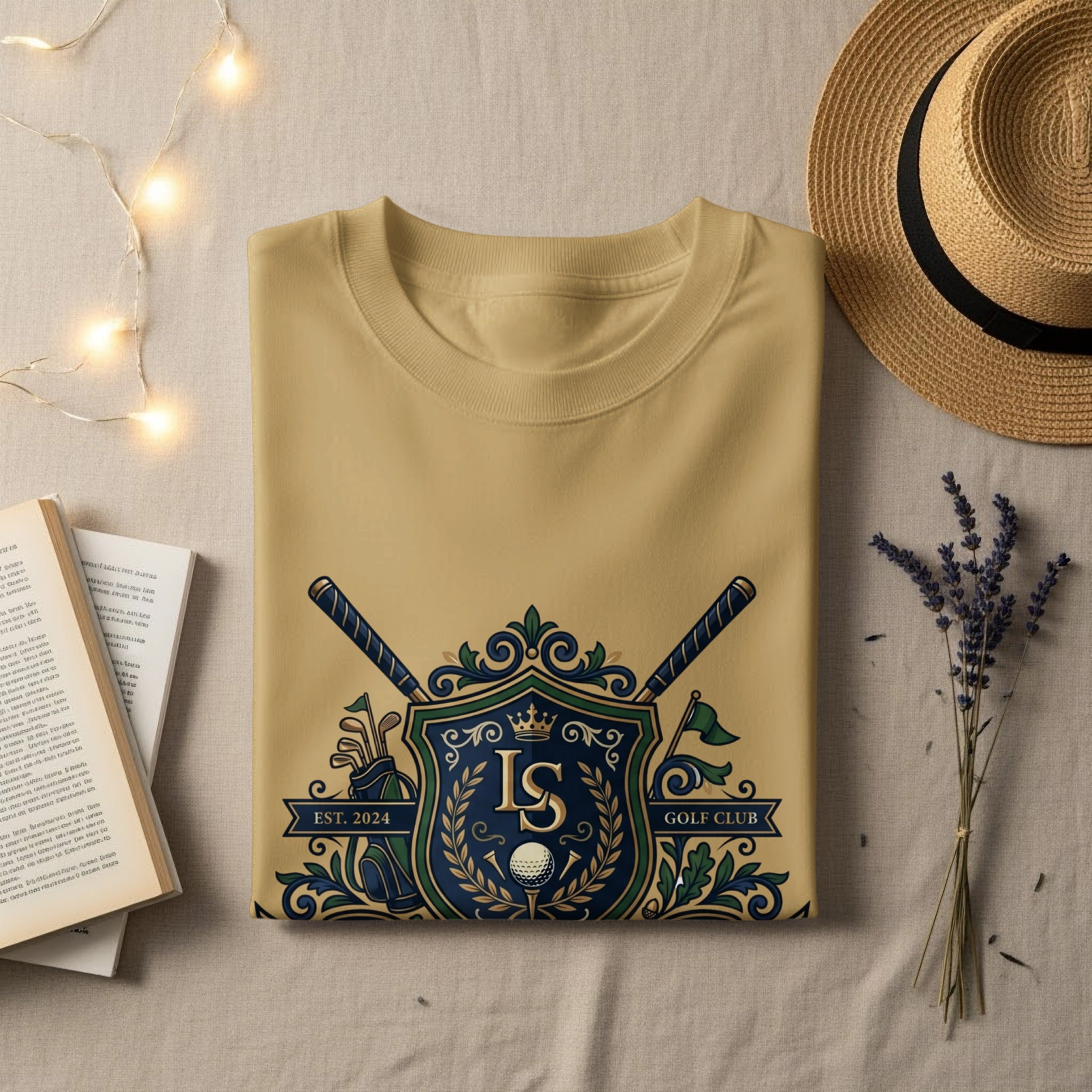 Beige t-shirt with "IS Golf Club EST. 2024" crest and golf emblems.
