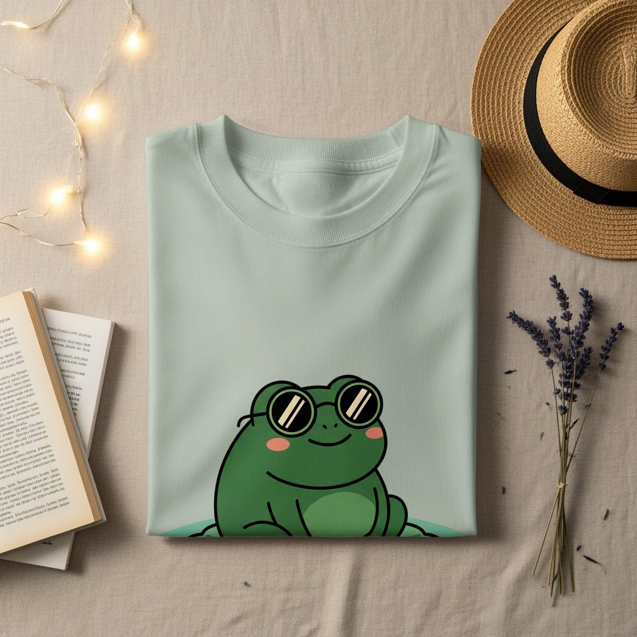 Light green t-shirt with a cartoon frog wearing sunglasses.