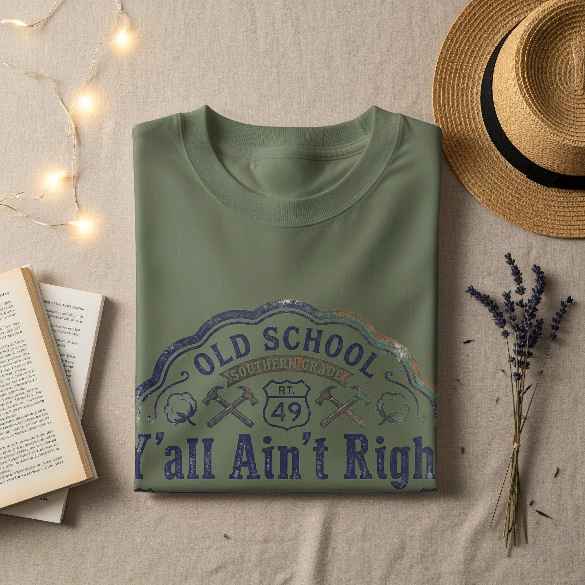 Olive green t-shirt with "Old School Southern Grade" and "Y'all Ain't Right" graphic.