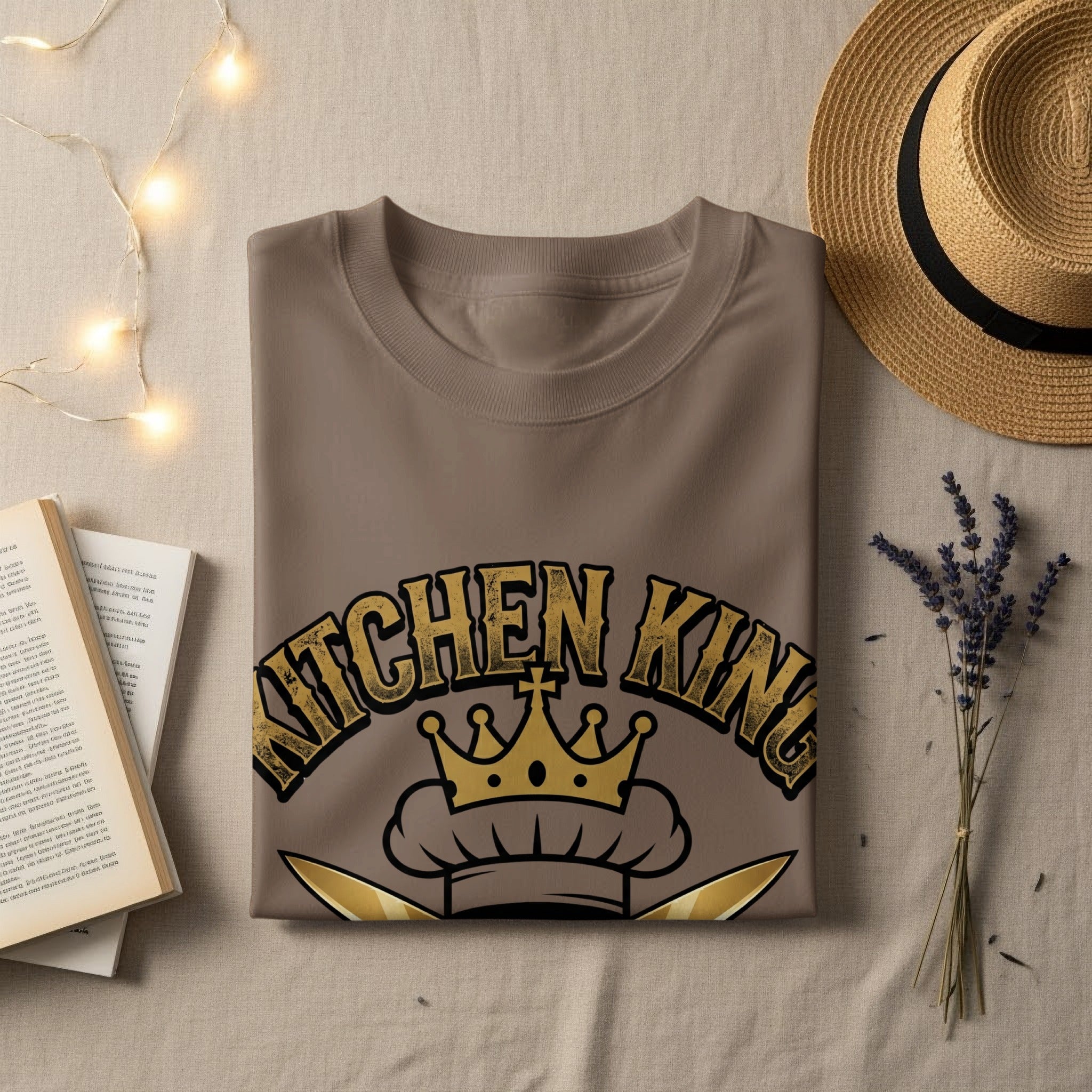 Brown t-shirt with "Kitchen King" text and chef hat graphic.