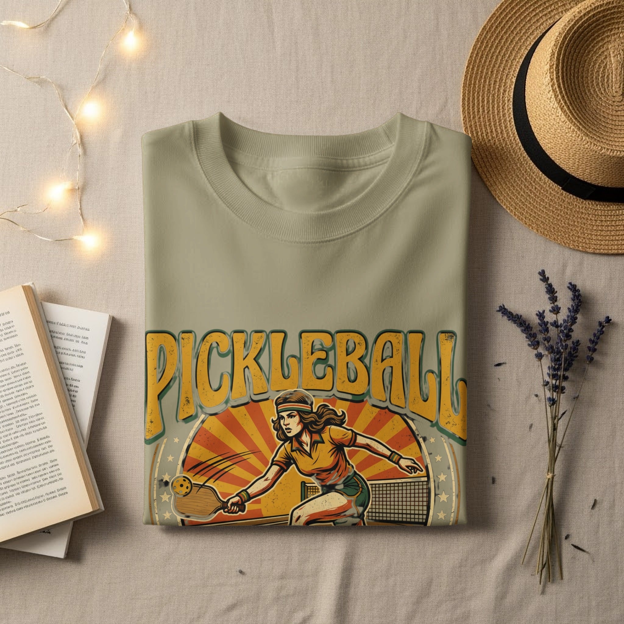 T-shirt with "PICKLEBALL" text and a woman playing the sport.