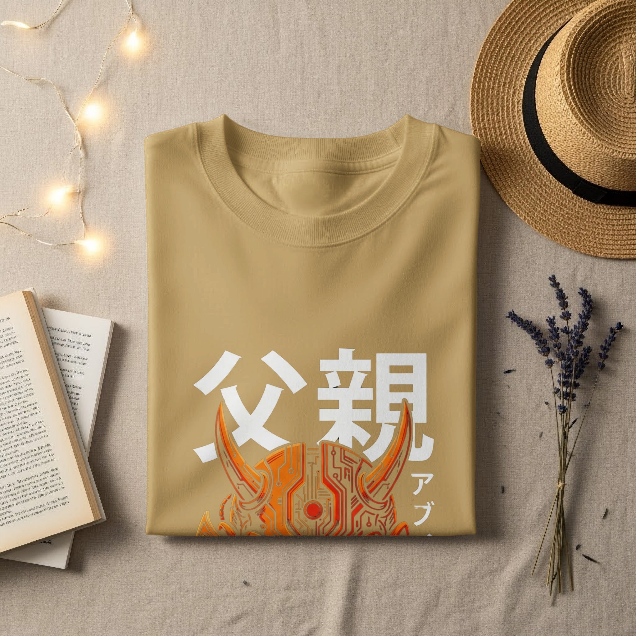 T-shirt with Japanese text "父親" and a graphic of a dragon's face.