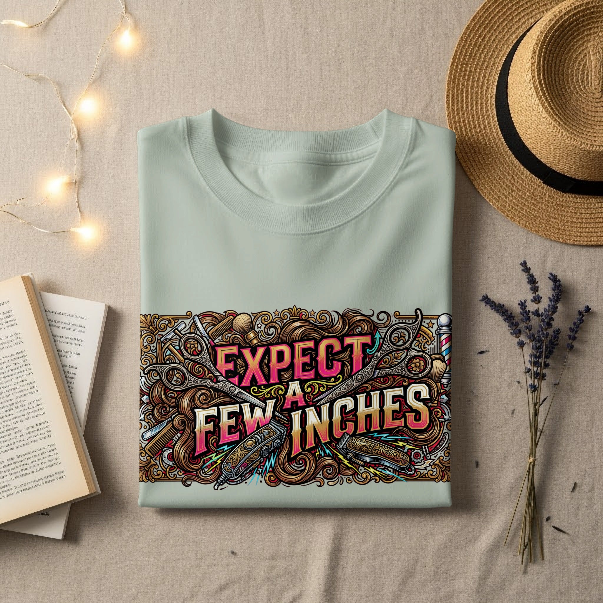 Mint t-shirt with "EXPECT FEW INCHES" text and barber scissors graphic.