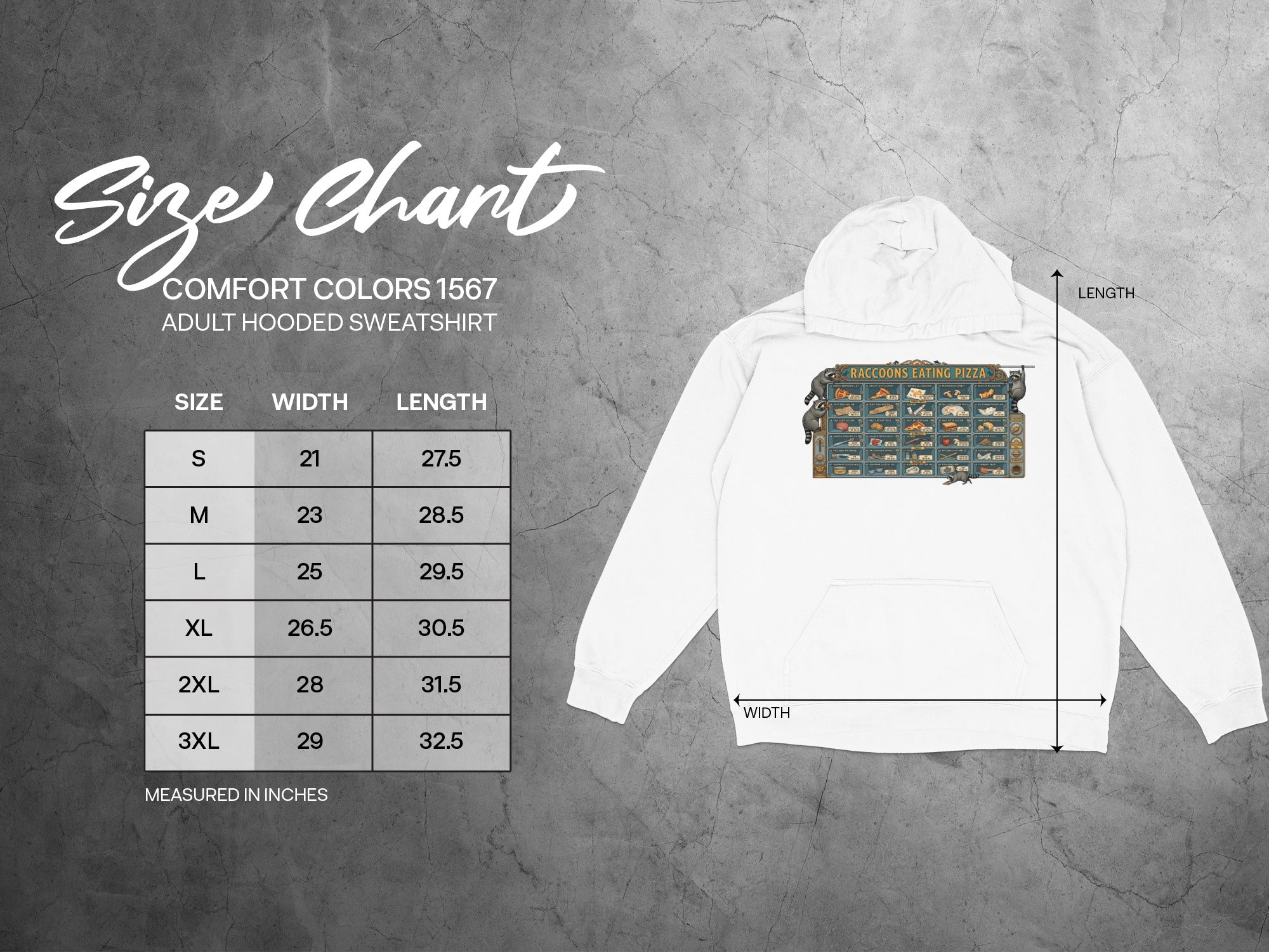 Comfort Colors 1567 hooded sweatshirt size chart with raccoons eating pizza graphic.