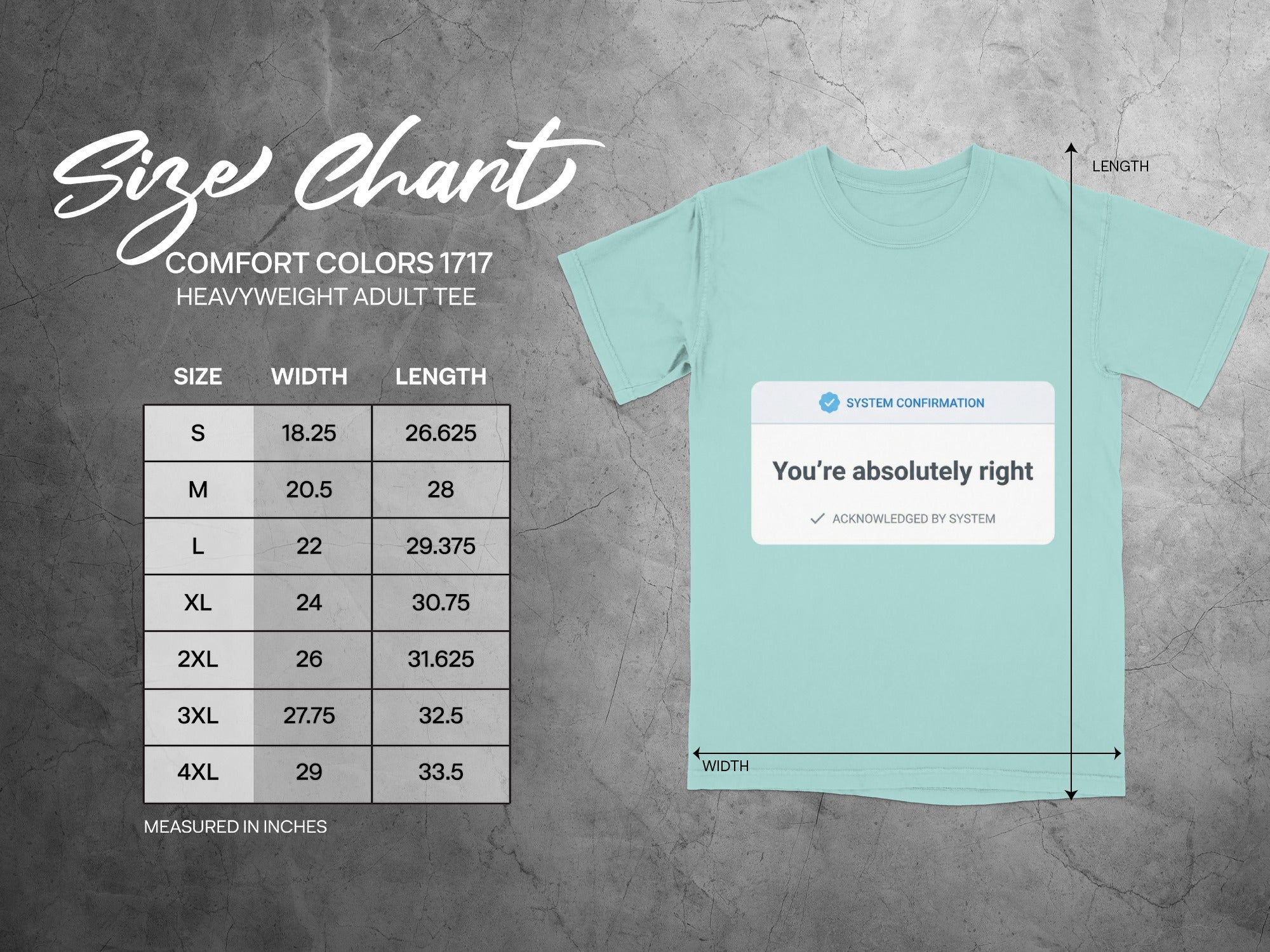 Size chart for Comfort Colors 1717 heavyweight adult tee with dimensions.