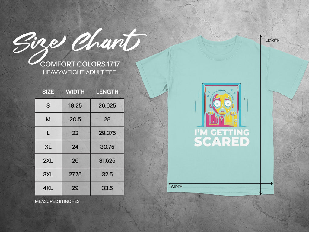 Size chart for Comfort Colors 1717 heavyweight adult tee with graphic.
