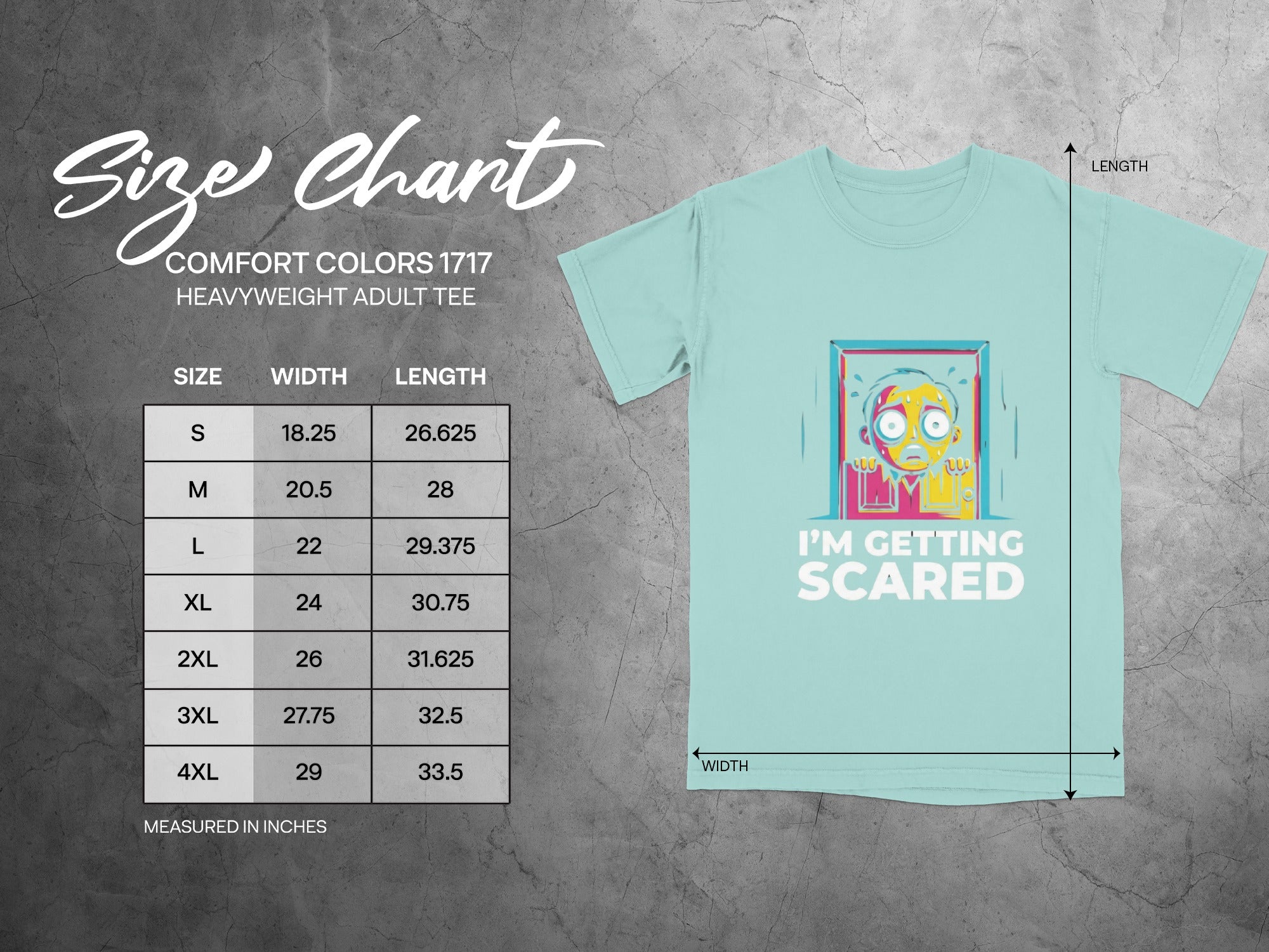 Size chart for Comfort Colors 1717 heavyweight adult tee with graphic.