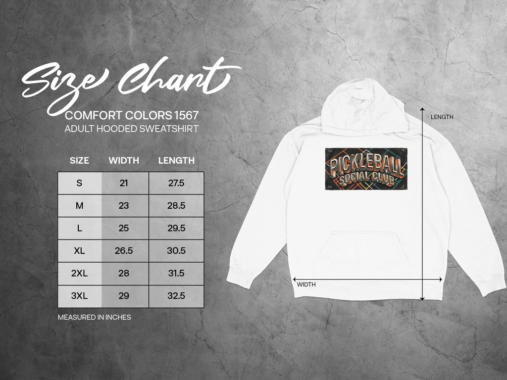 Size chart for Comfort Colors 1567 adult hooded sweatshirt with width and length measurements.