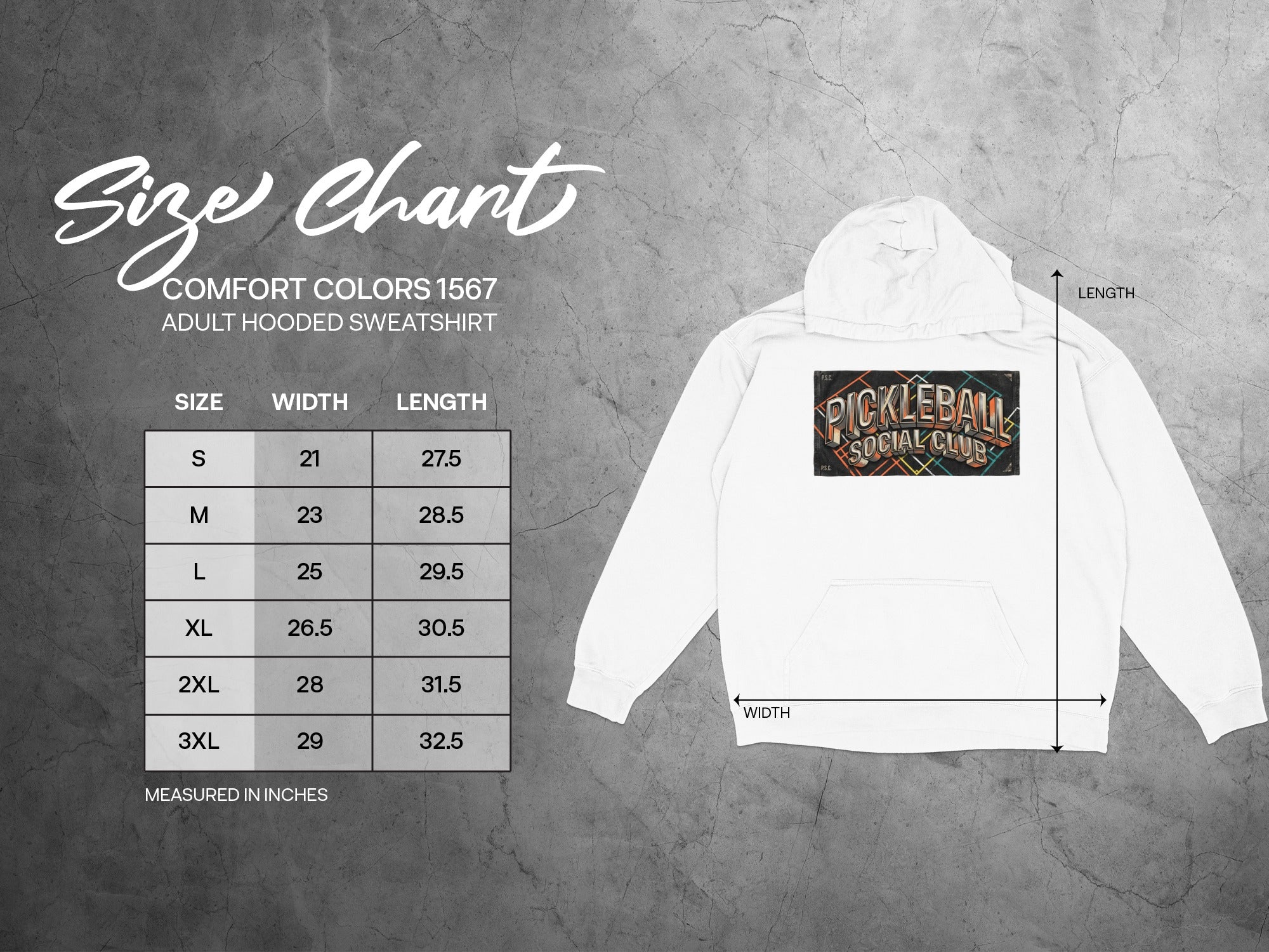 Size chart for Comfort Colors 1567 adult hooded sweatshirt with width and length measurements.