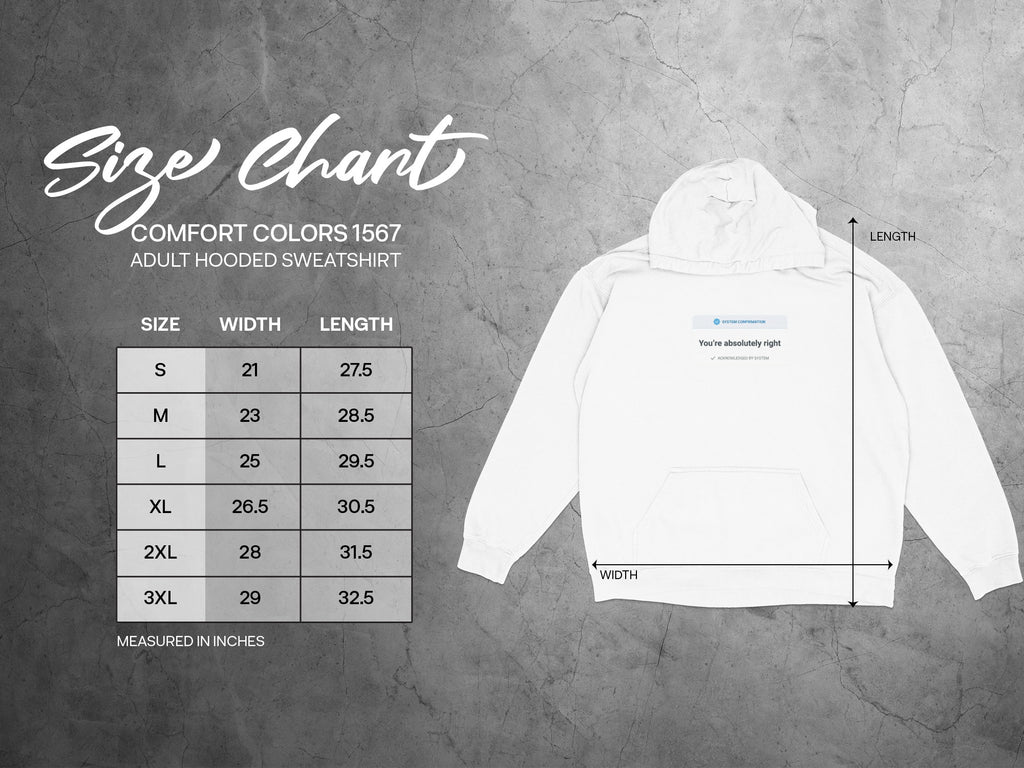 Size chart for Comfort Colors 1567 adult hooded sweatshirt with width and length measurements.