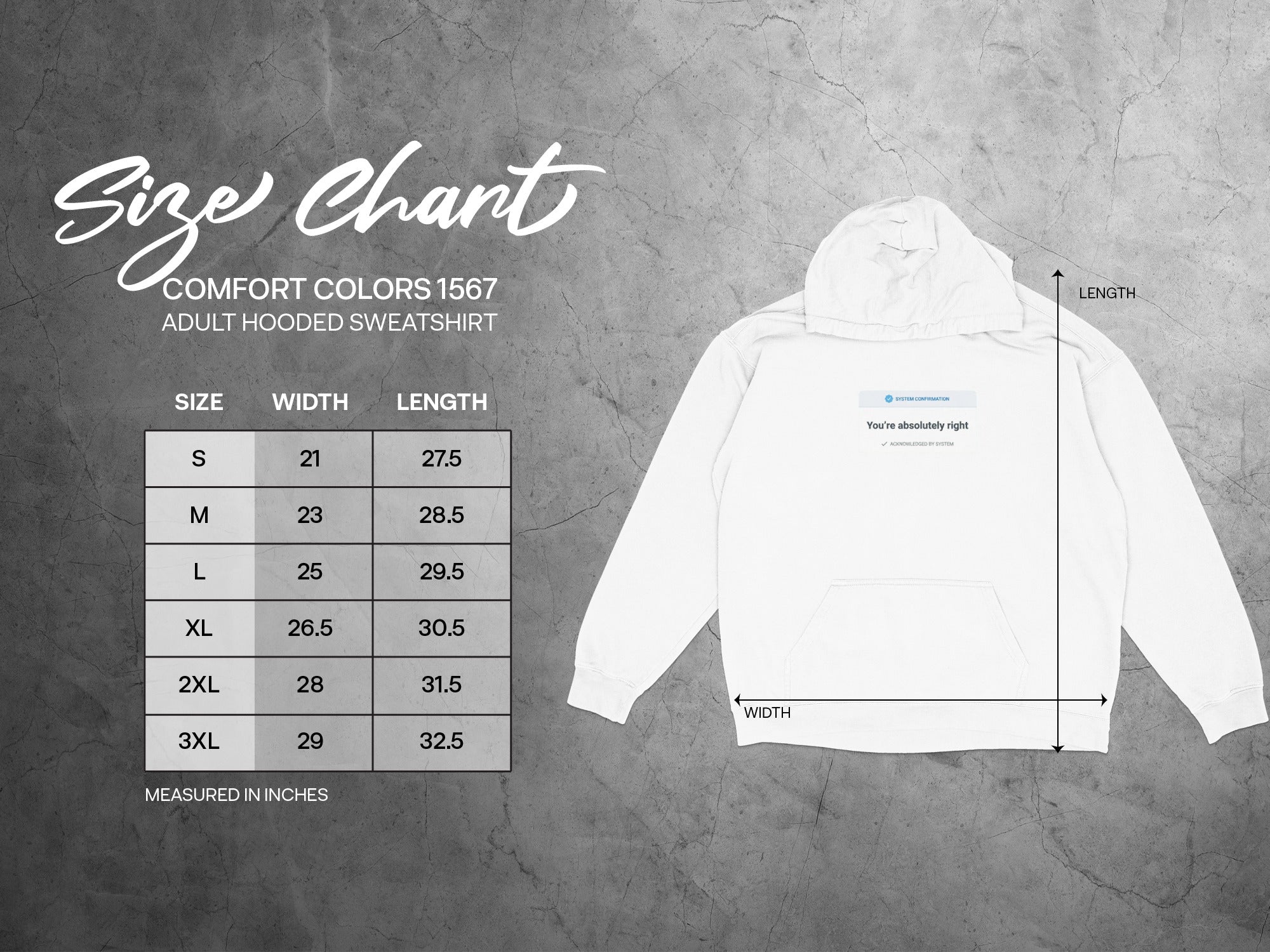 Size chart for Comfort Colors 1567 adult hooded sweatshirt with width and length measurements.