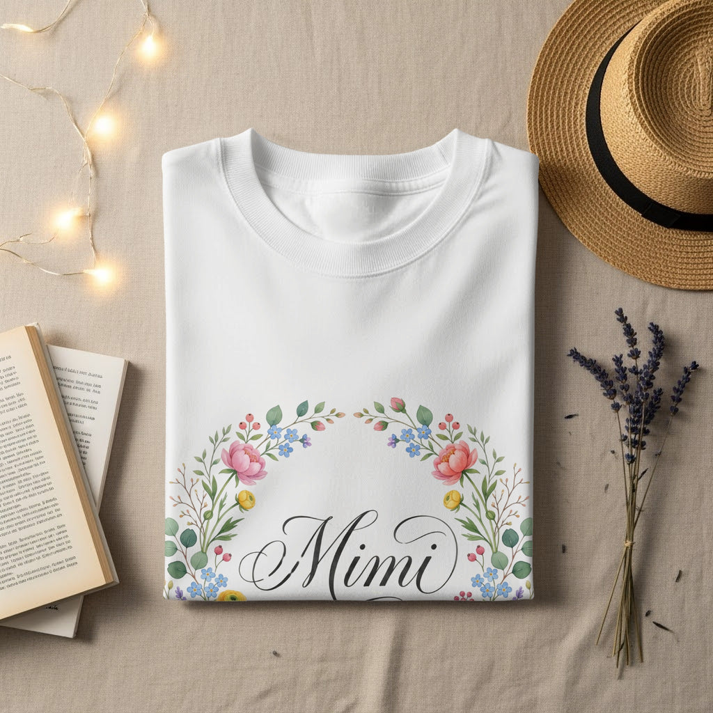 White t-shirt with "Mimi" in a floral wreath, laid flat with book and hat.