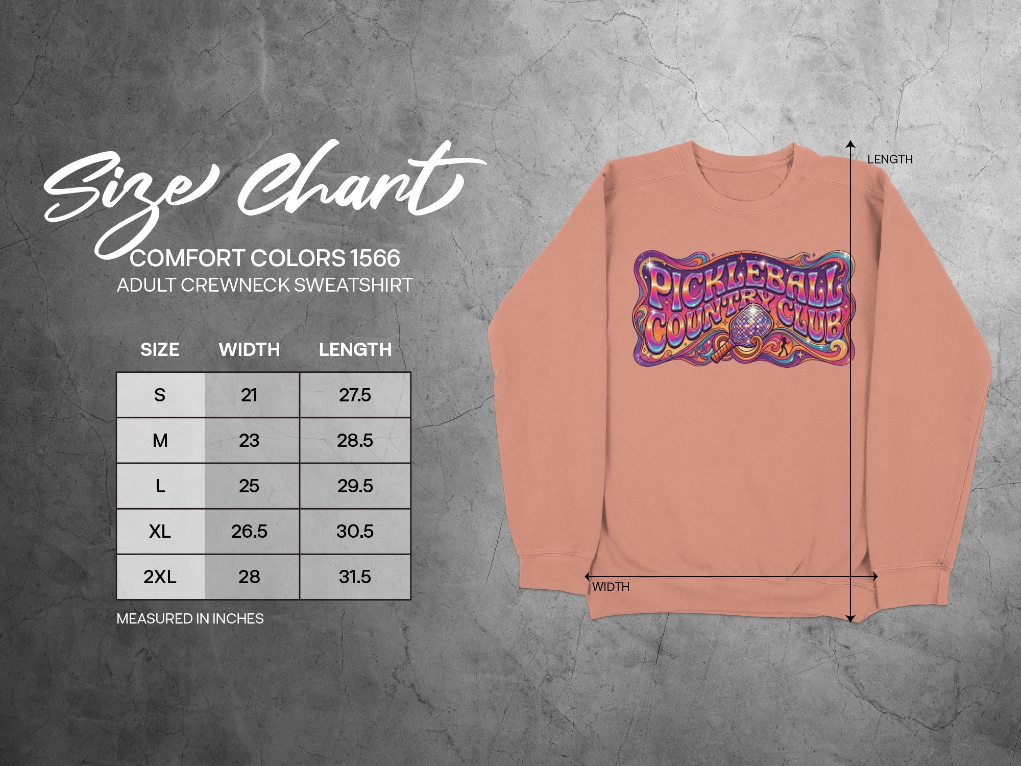 Comfort Colors 1566 adult sweatshirt size chart with width and length measurements.
