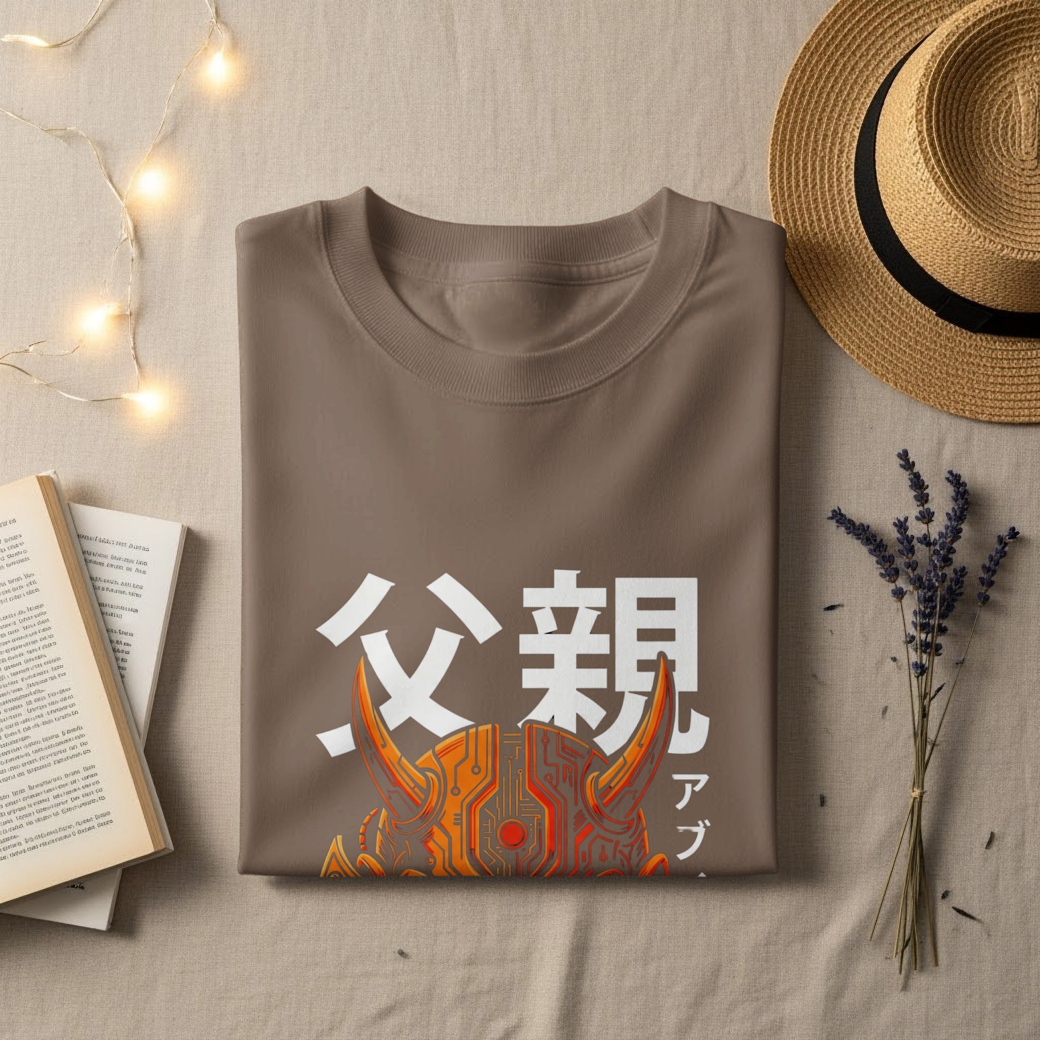 Brown t-shirt with Japanese characters and orange graphic design.