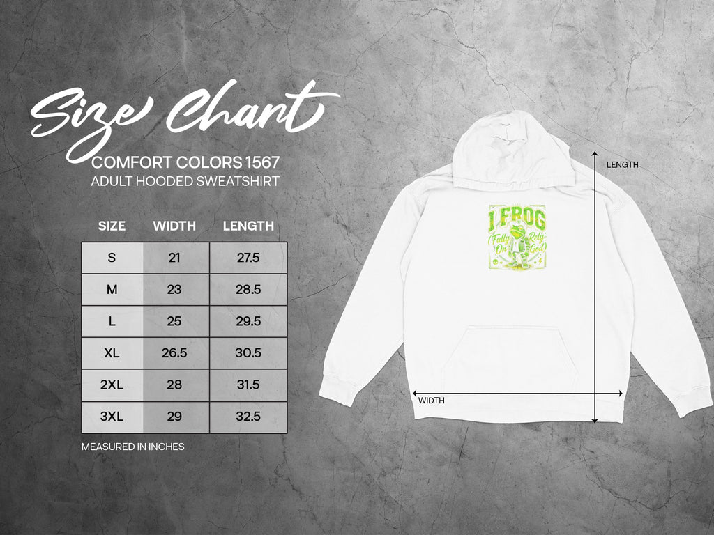 Size chart for Comfort Colors 1567 adult hooded sweatshirt with measurements.