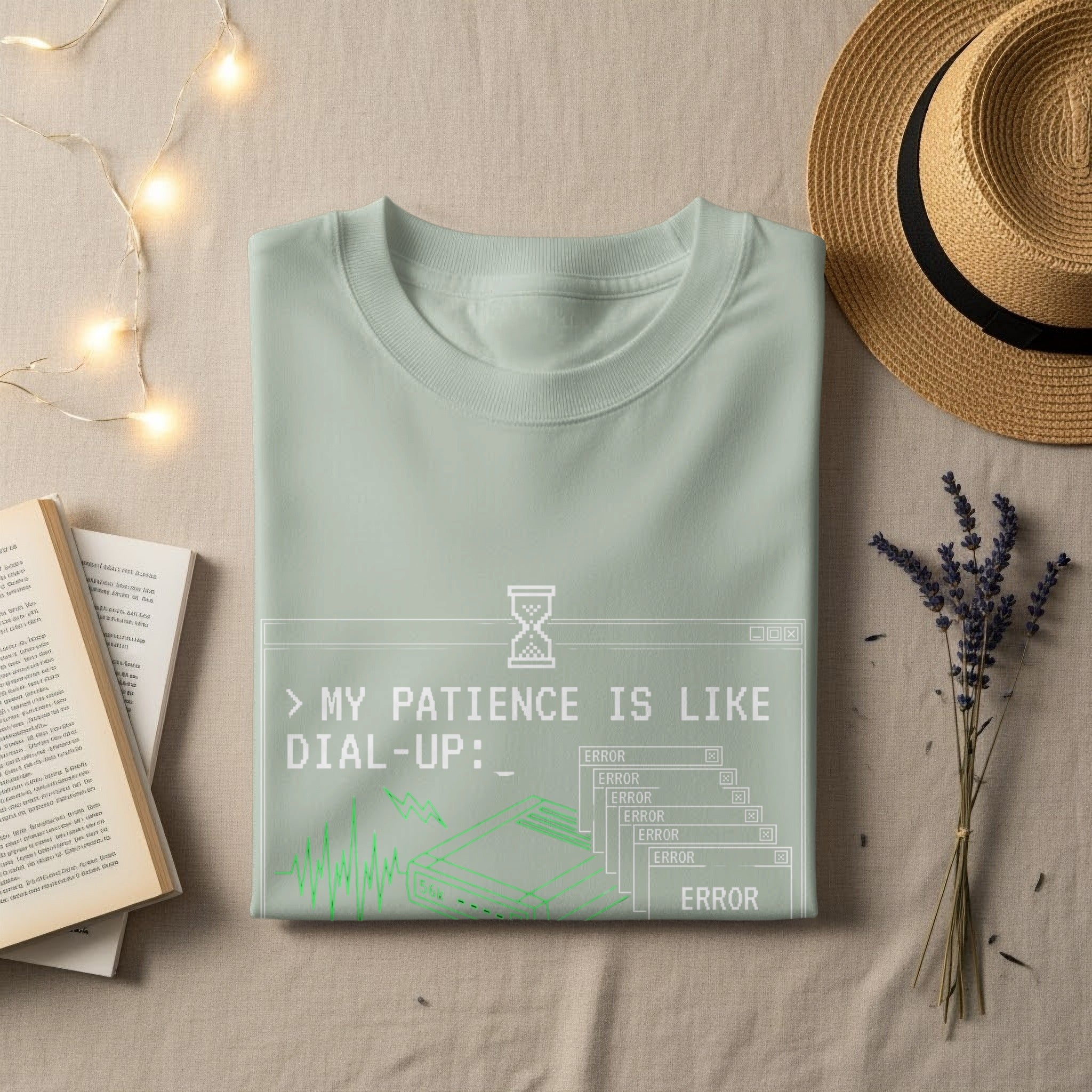 Light green t-shirt with "My Patience is Like Dial-Up" and multiple ERROR messages.